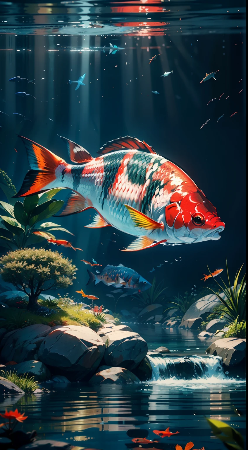 A large red carp swims freely in a deep pool,(Chinese koi),golden red fish tail,It has a visually striking carp head,long whiskers,Nearby is a blue carp,There is also a rainbow-colored fish,The vista is a few small fish,Lots of blisters,Several species of seaweed,a plant,Water streaks,Light shines from underwater to underwater,Elevation viewing angle,(light and shadow effect),(Depth of field effect),(Tyndall),(Light particle tracing),(CG),(Cinematic lighting visuals),(Volumetriclighting),(Unreal 5),(cinema4d),(vivd colour),(Obvious layers),(Photography Award),(8k wallpaper),(Masterpiece),(best qualtiy), photorealestic,realisticlying