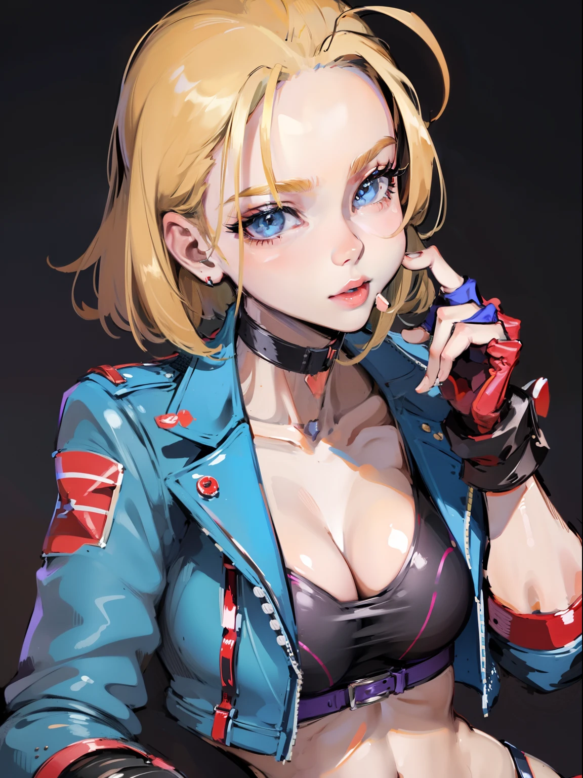 ,cammy white, short hair, antenna hair, blue eyes, scar on cheek, large breasts, black choker, collarbone, blue jacket, cropped jacket, open jacket,bare breast, midriff, fingerless gloves, black gloves,,cheek poking,cheek bulge,no top,cheek poking cheek bulge fellatio
