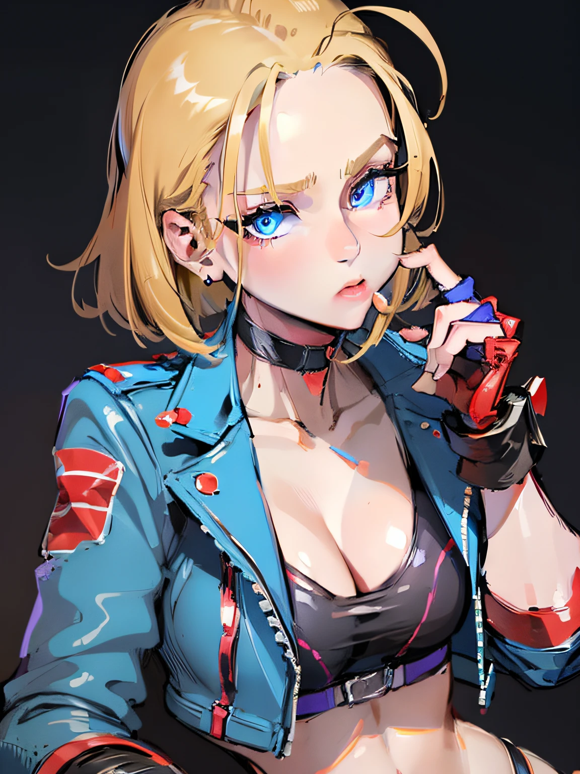 ,cammy white, short hair, antenna hair, blue eyes, scar on cheek, large breasts, black choker, collarbone, blue jacket, cropped jacket, open jacket,bare breast, midriff, fingerless gloves, black gloves,,cheek poking,cheek bulge,no top,cheek poking cheek bulge fellatio