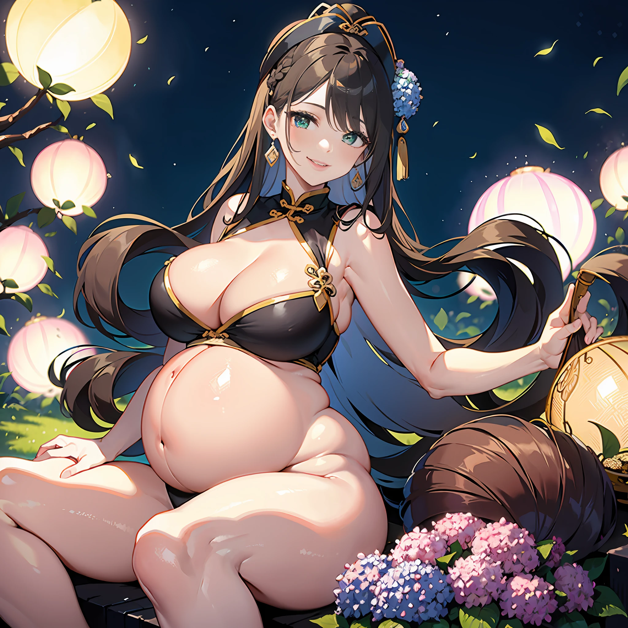 Masterpiece, Best quality, Night, full moon, 1 girl, Mature woman, Chinese style, Ancient China, The beautiful man looked at her pregnant belly and smiled, Big Baby Bump pregnant, Bigboobs, Nippur,Big black balloon big pregnant belly, Big Pregnant girl, Largest Belly of Pregnant, Huge Pregnancy, Huge 60 months gestational belly,Brown hair, Princess cut, Single strips of fried dough twisted braid, Coiled hair, Double ball head, Light pink lips, calm, Intellectual, mid hair, green pupills, Hairpin, hydrangea,