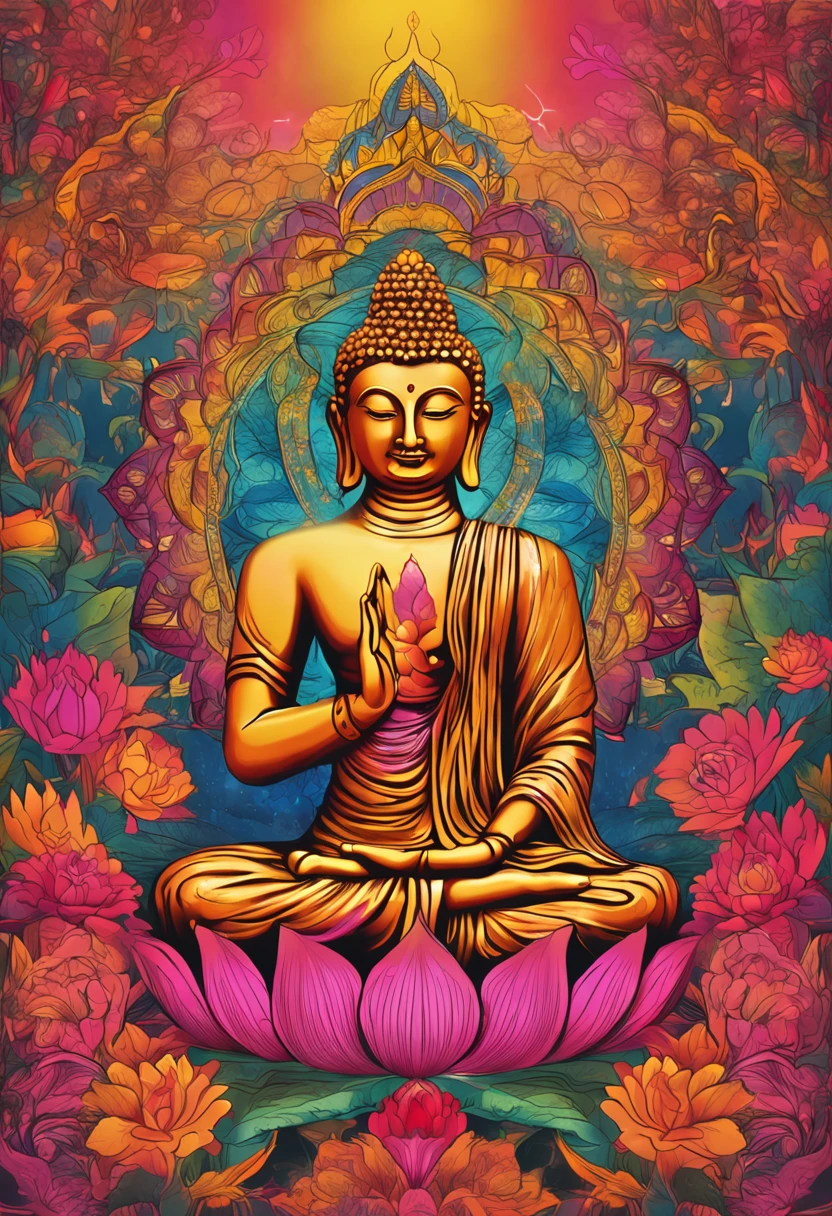 Buddhist statue, Deep Trance State, trance meditation, Mandala pattern, colorful