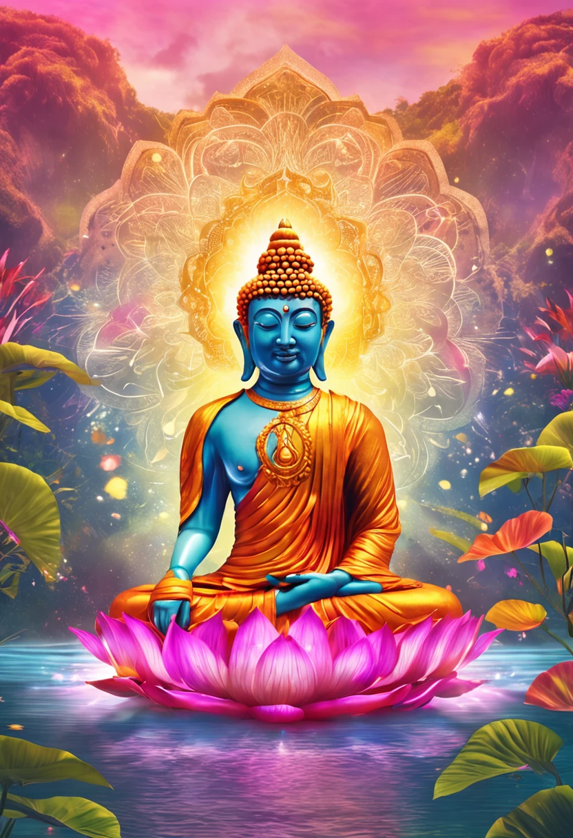 "Generate a realistic depiction of Buddha with a golden aura around him with a very bright divine light descending from heaven and illuminating Buddha in its entirety, sitting on a giant lotus flower symmetrical in the colors of the rainbow, It is in the middle of a garden with many flowers and colors, com flores coloridas ao redor e luz suave iluminando seu rosto." High Definition Image, detalhamento alto e estilo fotorrealismo. Imagem com pelo menos 300 dpi, UHD 8k