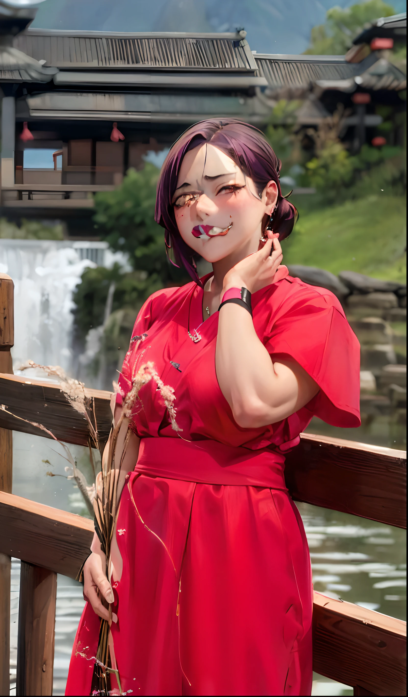 (best quality:1.1), (masterpiece:1.2), portrait,
1girl, yuzuriha_(jigokuraku), purple hair, brown eyes, ninja, open clothes, cleavage, small breasts, topknot, medium hair, breasts apart, white obi, smirk, outdoors, (blush:1.1), flowers,