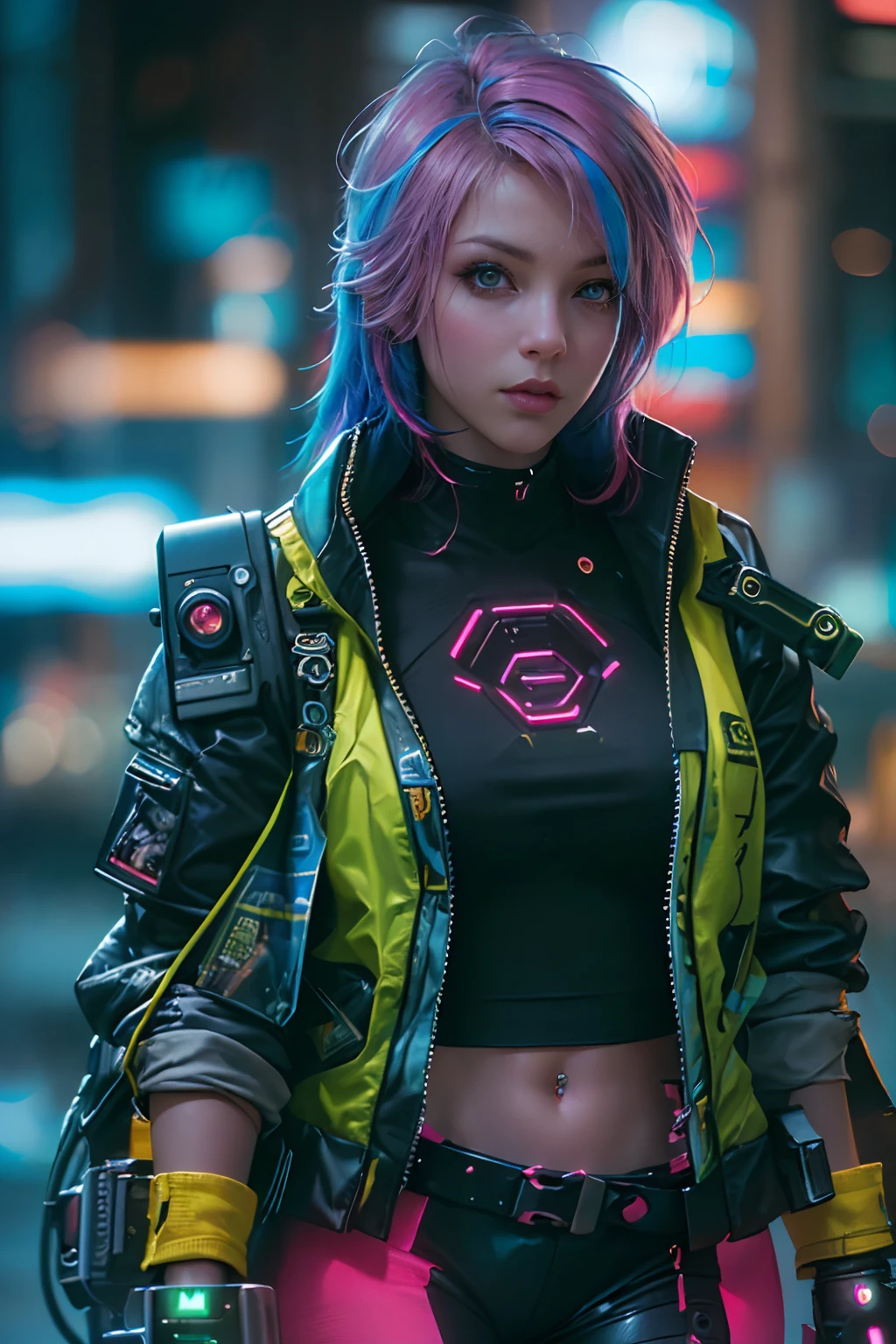 (Photorealistic:1.4) image of a cyber punk girl, (top-quality, 8K, 32K, masterpiece), (dynamic pose), ((facing camera)), (looking at camera), cowboy shot, shapeless hair, colorful hair, colorful cyberpunk clothing, depth of field f/1.8, cyberpunk city background, cinematic lighting.