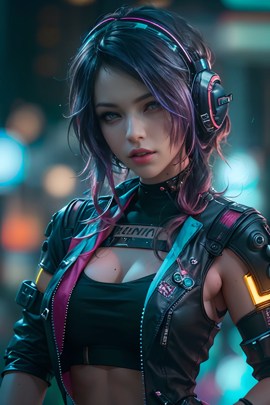 (Photorealistic:1.4) image of a cyber punk girl, (top-quality, 8K, 32K, masterpiece), (dynamic pose), ((facing camera)), (looking at camera), cowboy shot, shapeless hair, colorful hair, colorful cyberpunk clothing, depth of field f/1.8, cyberpunk city background, cinematic lighting.