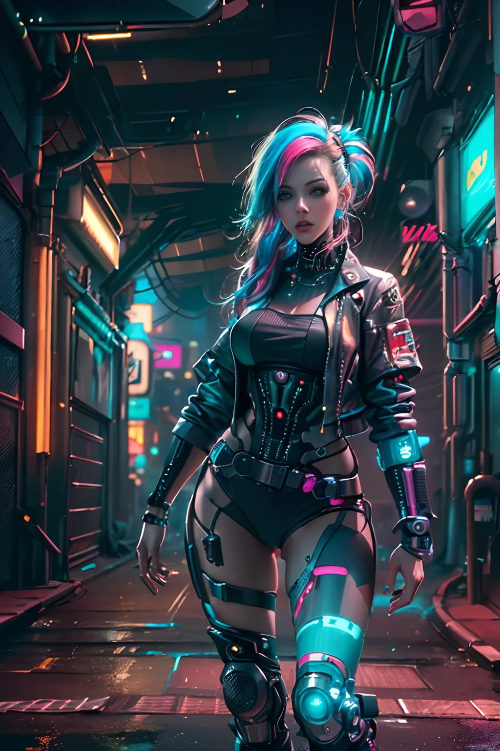 (Photorealistic:1.4) image of a cyber punk girl, (top-quality, 8K, 32K, masterpiece), (dynamic pose), ((facing camera)), (looking at camera), cowboy shot, shapeless hair, colorful hair, colorful cyberpunk clothing, depth of field f/1.8, cyberpunk city background, cinematic lighting.