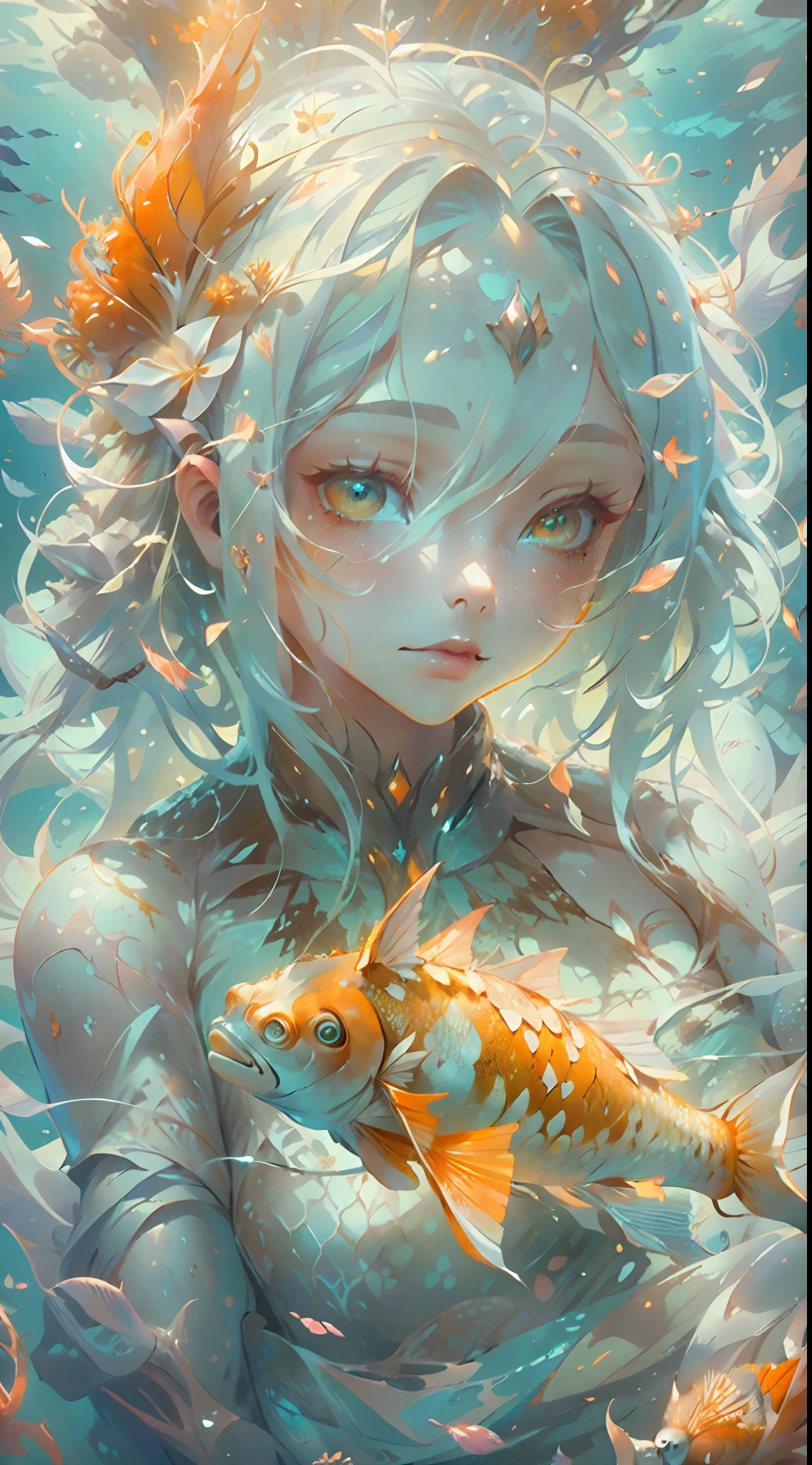 high details, best quality, 16k, RAW, [best detailed], masterpiece, best quality, (extremely detailed), full body (best details, Masterpiece, best quality), , ultra wide shot, photorealistic, fantasy art, RPG art, D&D art, a picture of a mermaid swimming with koi fish under the sea, exqisite beautiful mermaid, ultra feminine (best details, Masterpiece, best quality), wearing seashell clothing, ultra detailed face (best details, Masterpiece, best quality), large fish tail white scales (best details, Masterpiece, best quality), white hair, pixie cut, orange eyes orange00d, white scales, undersea life, a [[flock of koi fish]] swimming (best details, Masterpiece, best quality), white and orange scales orange00d undersea background depths-fc, dim sun light from above High Detail, Ultra High Quality, High Resolution, 16K Resolution, Ultra HD Pictures, 3D rendering Ultra Realistic, Clear Details, Realistic Detail, Ultra High Definition
