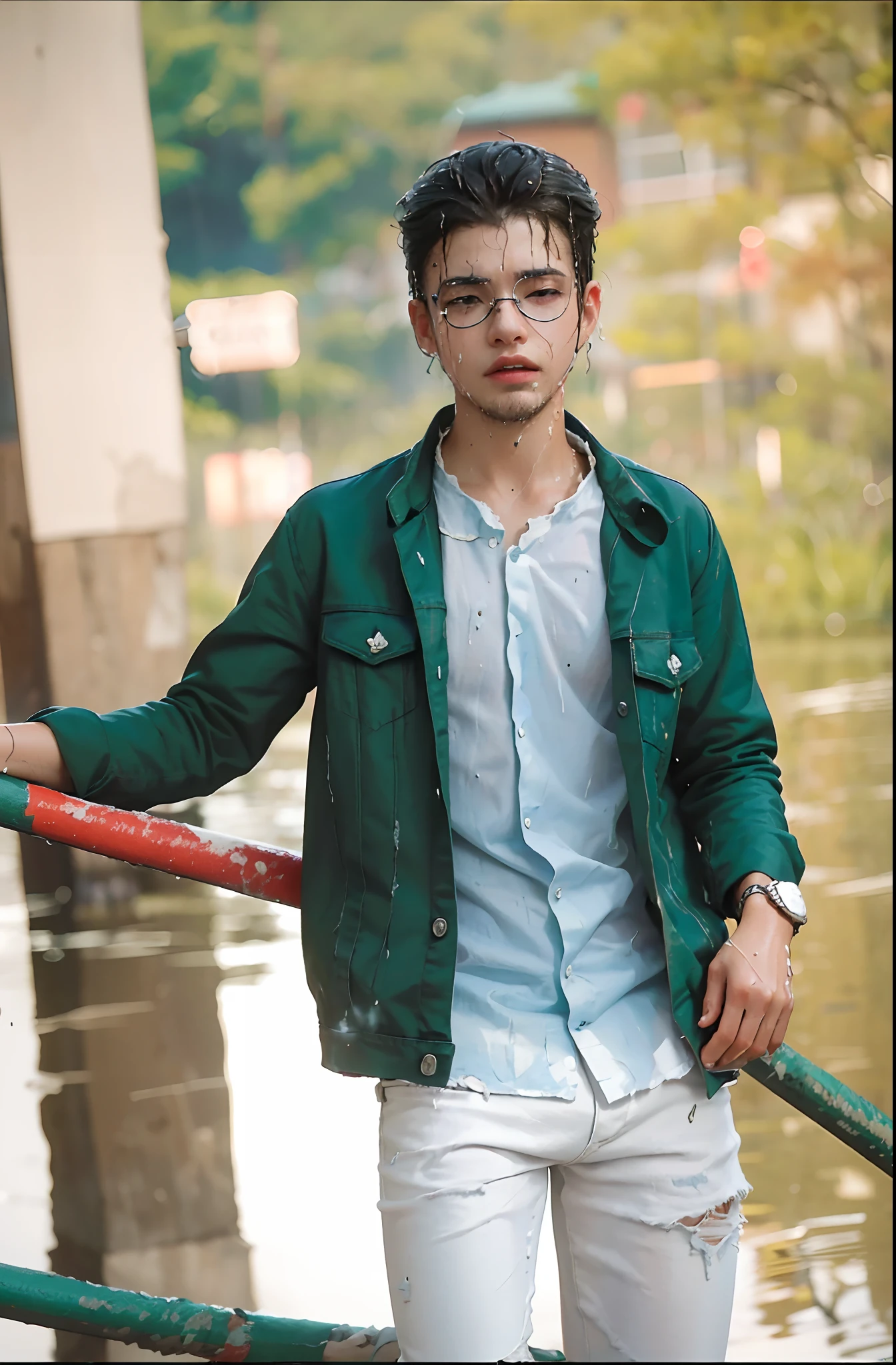 best image quality, masterpiece, super high resolution, (fidelity:1.4), photo,white shirt, torn jeans, white sneakers, dim, darkness, despair, pity, poor, movie, tears, teardrops, (torn clothes:1.5), (wet clothes:1.4), bare shoulders, real rain,
