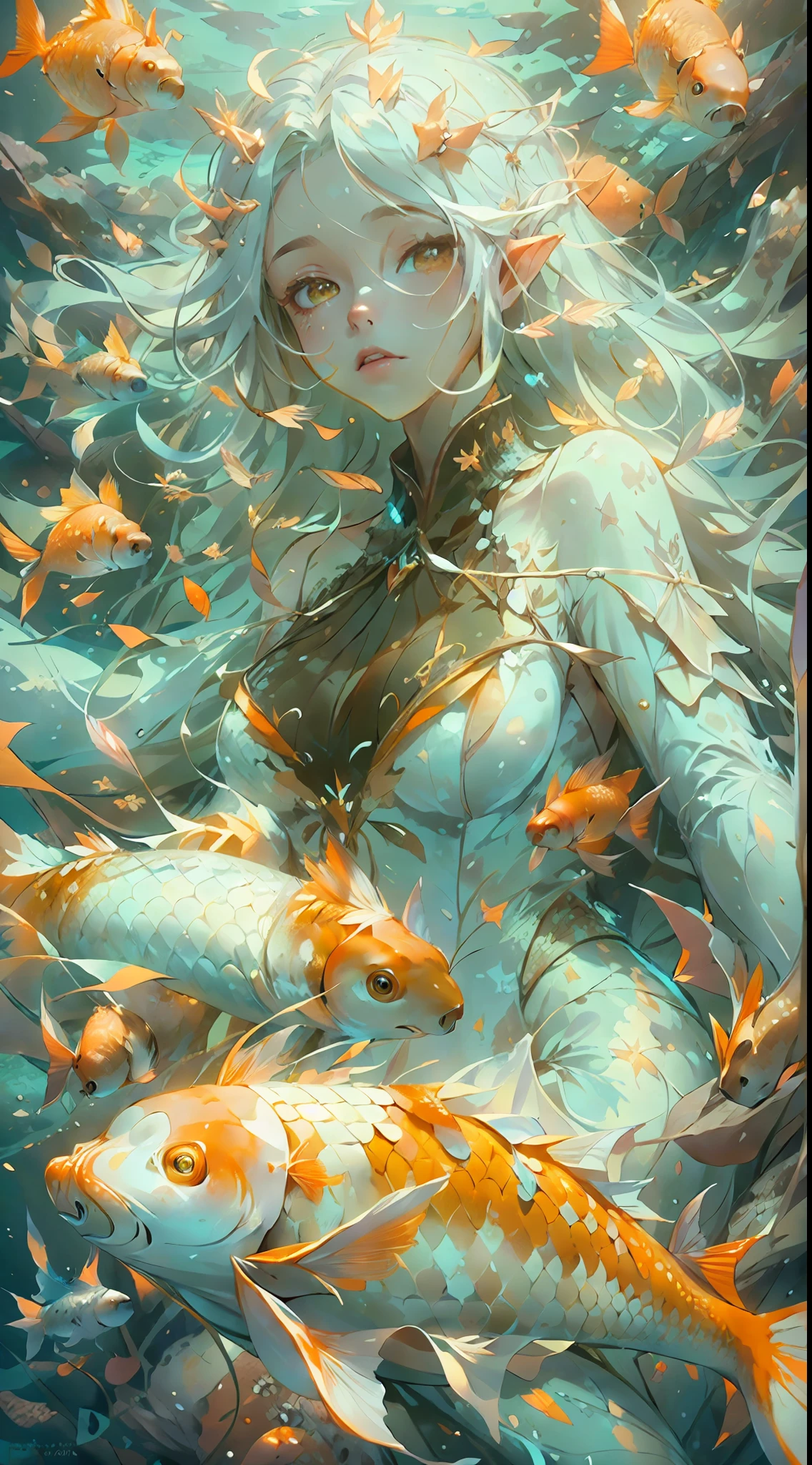 high details, best quality, 16k, RAW, [best detailed], masterpiece, best quality, (extremely detailed), full body (best details, Masterpiece, best quality), , ultra wide shot, photorealistic, fantasy art, RPG art, D&D art, a picture of a mermaid swimming with koi fish under the sea, exqisite beautiful mermaid, ultra feminine (best details, Masterpiece, best quality), wearing seashell clothing, ultra detailed face (best details, Masterpiece, best quality), large fish tail white scales (best details, Masterpiece, best quality), white hair, pixie cut, orange eyes orange00d, white scales, undersea life, a [[flock of koi fish]] swimming (best details, Masterpiece, best quality), white and orange scales orange00d undersea background depths-fc, dim sun light from above High Detail, Ultra High Quality, High Resolution, 16K Resolution, Ultra HD Pictures, 3D rendering Ultra Realistic, Clear Details, Realistic Detail, Ultra High Definition