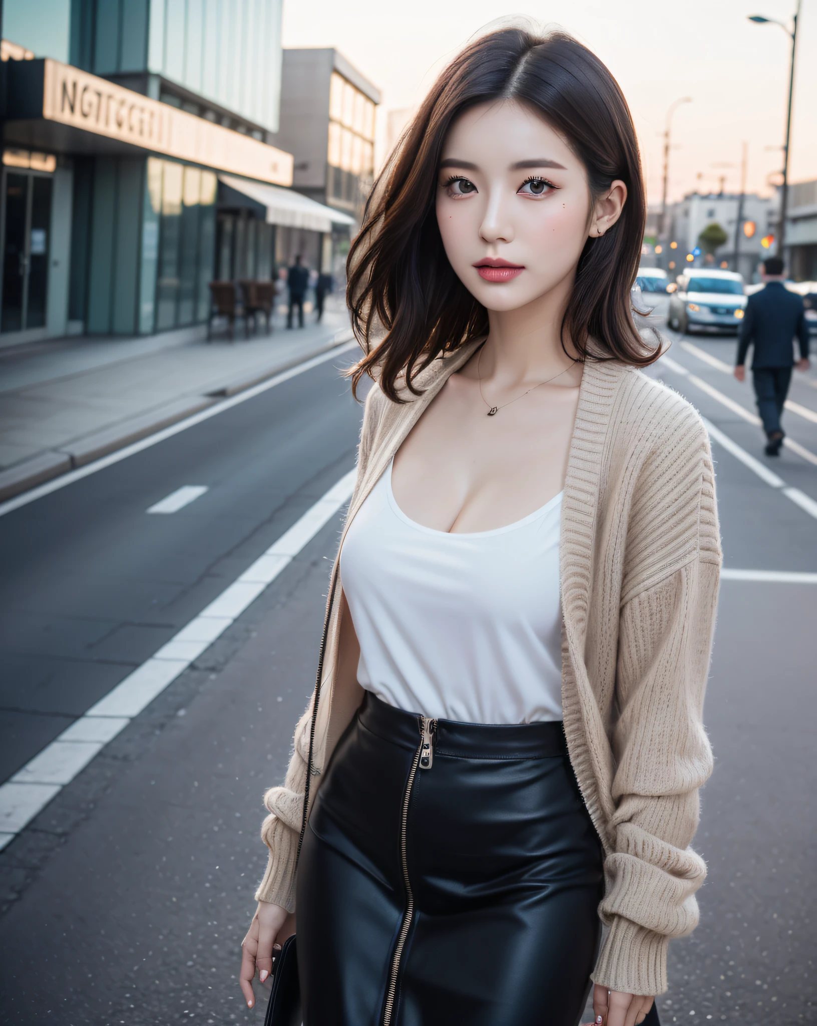 (Best quality, 8k, 32k, Masterpiece, UHD:1.2), (realistic:1.5), (masterpiece, Extremely detailed CG unity 8k wallpaper, best quality, highres:1.2), (ultra detailed, UHD:1.2), (face focus:1.3), Photo of extremely cute and beautiful Japanese woman, (mahogany wavy thin hair:1.2), adult, (detailed beautiful girl:1.4), best quality, woman, adult, best quality, masterpiece, (1girl:1.37, solo), Beautiful face, (photo realistic:1.3), rim lighting, (high detailed skin:1.2), 8k uhd, dslr, high quality, high resolution, 4k, 8k, Bokeh, absurdres, best ratio four finger and one thumb, (realistic:1.3), cute 1girl, wearing a detailed formal news caster outfit:1.5, blue zip-up cardigan:1.3, black flared skirt:1.3, medium-large breast:1.25, office street view, sunset, wind