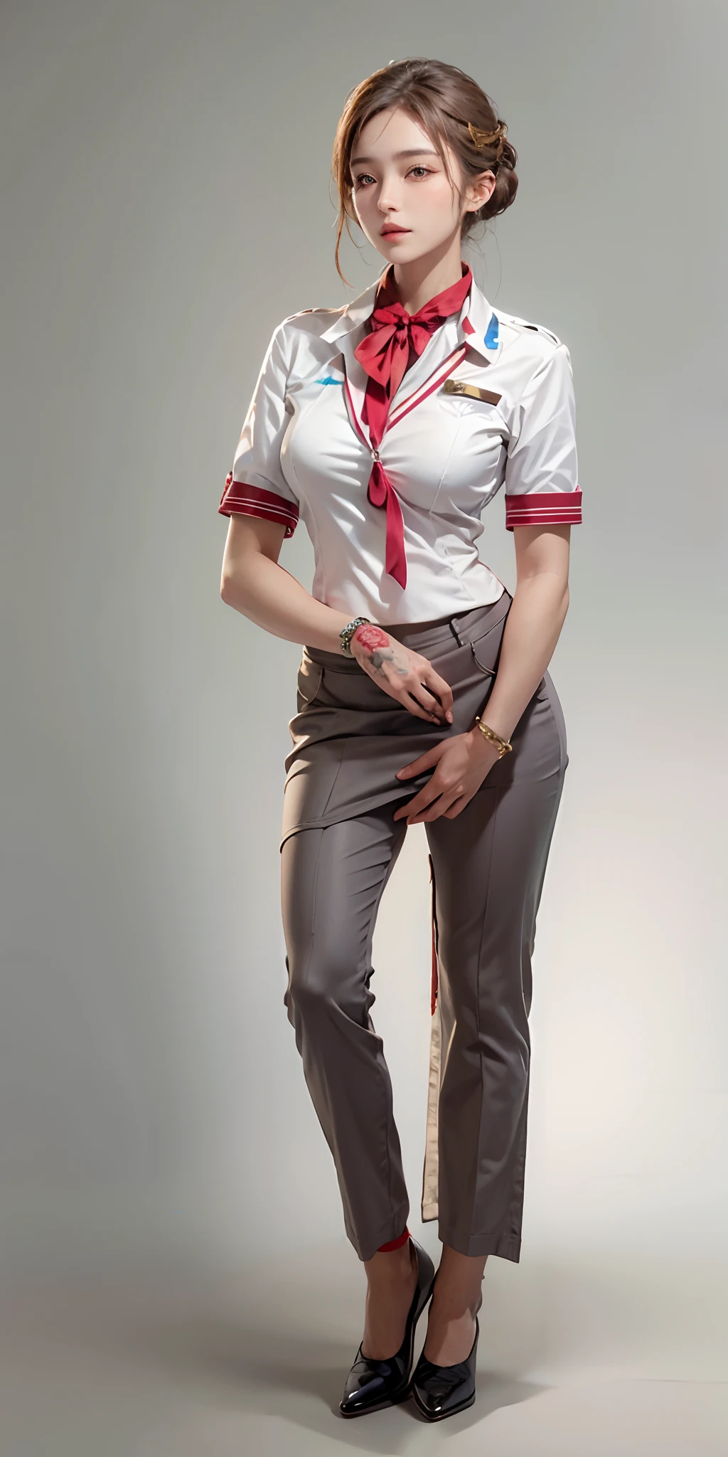 photorealistic, high resolution, soft light,1women, solo, hips up, shining skin, (detailed face), Stewardess uniform, jewelry, tattoo