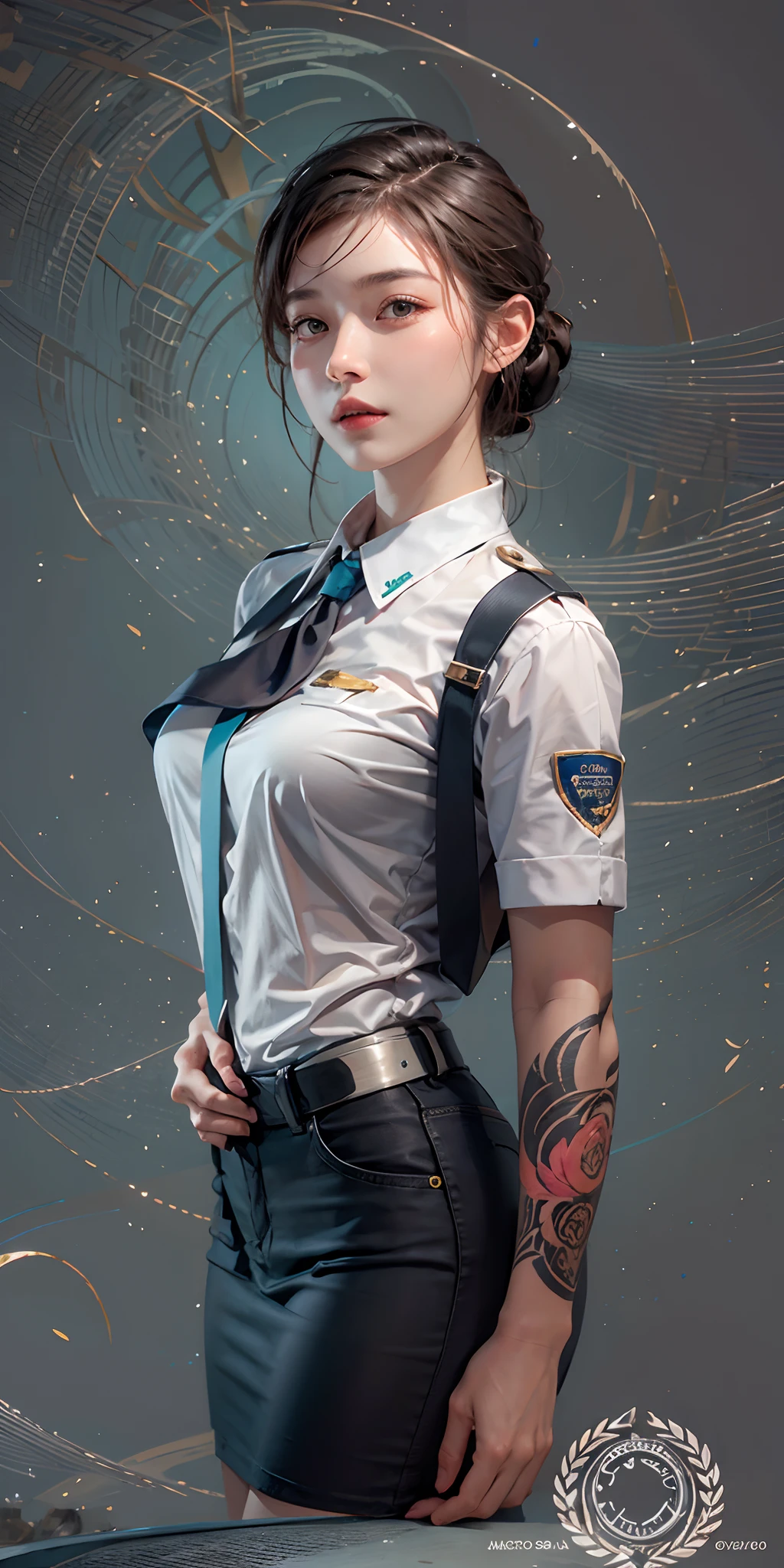 photorealistic, high resolution, soft light,1women, solo, hips up, shining skin, (detailed face), Stewardess uniform, jewelry, tattoo