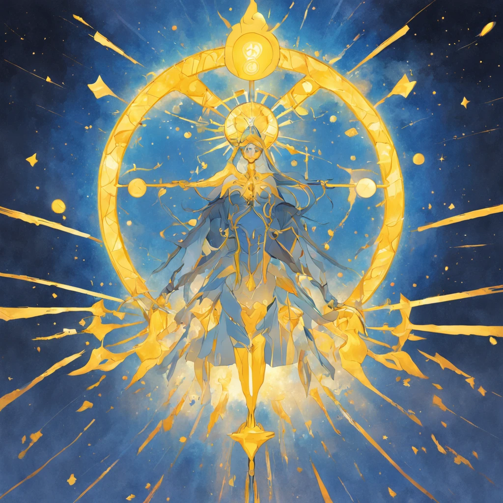 there is a yellow radiation symbol on a blue background, digital illustration radiating, libra symbol, zodiac libra sign, sky view, concept illustration, celestial regulator, discord profile picture, symmetrical digital illustration, symmetrical tarot illustration, celestial, official illustration, an alchemical art illustration, fan art, some yellow and blue, detailed 2d illustration