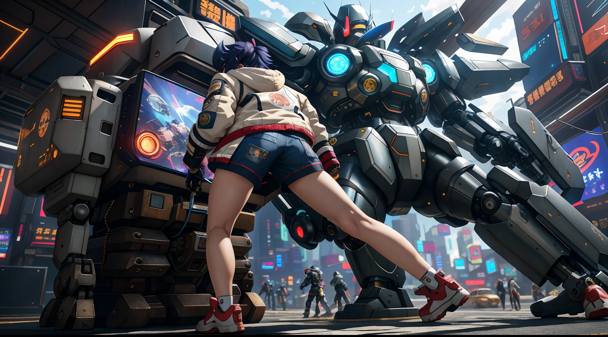 Anime girl in shorts and jacket standing next to giant robot,Guweiz style artwork,Cyberpunk anime girl mecha,Trends on CGiStations,guweiz,Russell Dongjun Lu,digital cyberpunk anime art,ross tran 8 k,Guweiz on ArtStation Pixiv ,Mecha network armor girl,Being touched on the ass by a robot