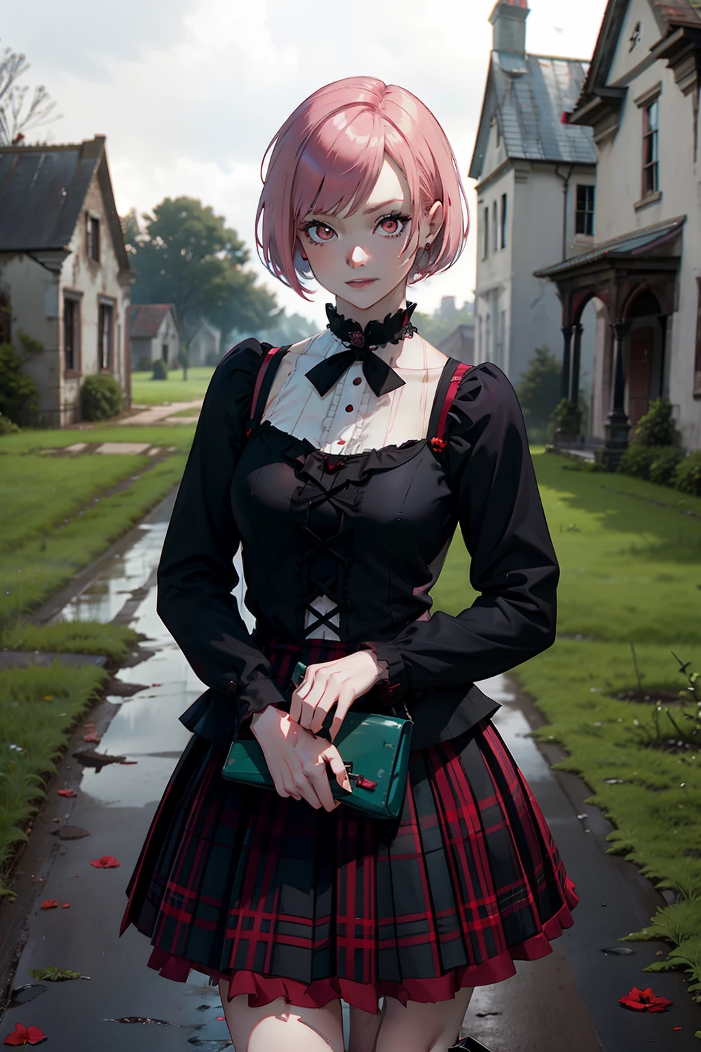 girl, pink hair, bob haircut, Gothic ta, Gothic style, red plaid skirt, red eyes, Face of Beauty, pale skin, smiling, in a ruined mansion, red roses in a garden in the background, dark cloudy weather, rain light, dark green filter, intense filter, secret garden tekken 5,
