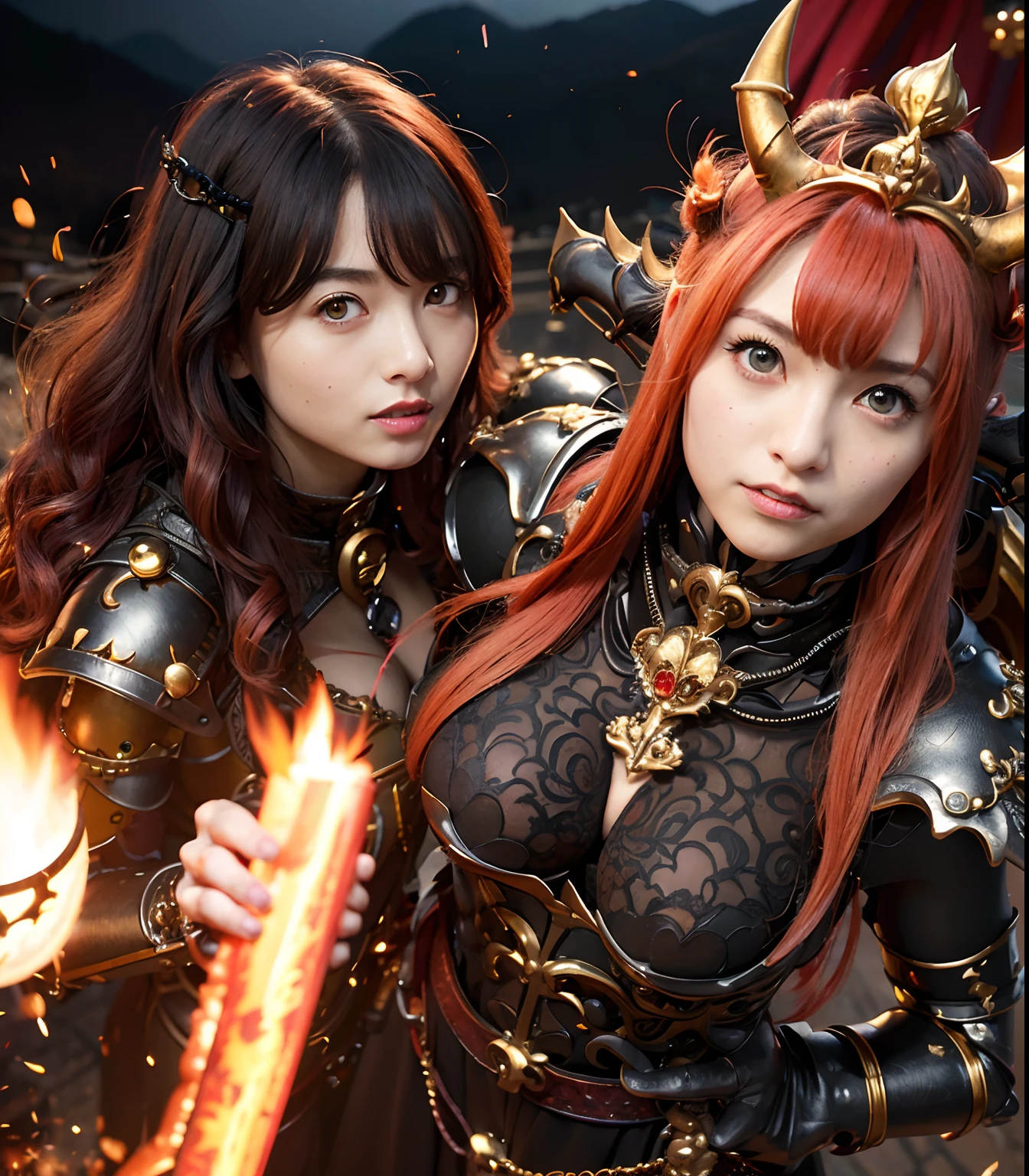 (masutepiece), Professional , ​masterpiece、top-quality、photos realistic , depth of fields （Gemstone Black Metal Body:1.９),(Matte Black、（cleavage of the breast）、Dragon Gold Weapon（Dragon Metal Body:1.４),Gorgeous Silver Weapons ,（（ Dragon's dense and gorgeous sword）） , Beautiful knife   ,warhammer 40k , adepta sororitas,Detail and gorgeous crown、（（Red hair））、（Castle background）、The dragon、（（Gangle's forest background））、Beautiful Caucasian beauty、（１a person）、dynamic ungle,(((Detailed and ornate Black Devil Crown)))、Smaller head、Strange smile、Castle background、Thin and beautiful female hands、cleavage of the breast、Soldier in iron armor on background、Mystical expression、Light Effects、intense fighting、Wind-effect、magic circles、With the legendary magic wand、（demonic wings）、