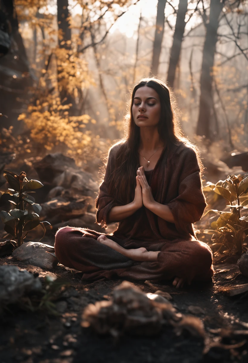 Girl meditating
Girl with Smoky Quartz in her hands
Bright environment illuminated by the sun 
Environment with several smoky quartzes
