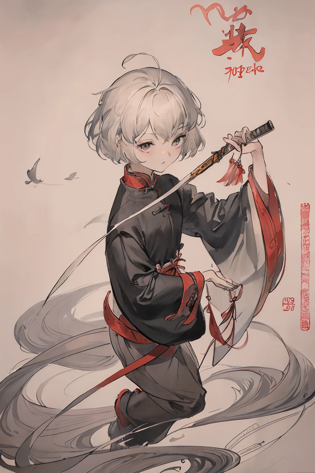 （tmasterpiece，best qualtiy：1.2），Tradition Chinese Ink Painting，A child with short white hair，A Chinese sword in his hand