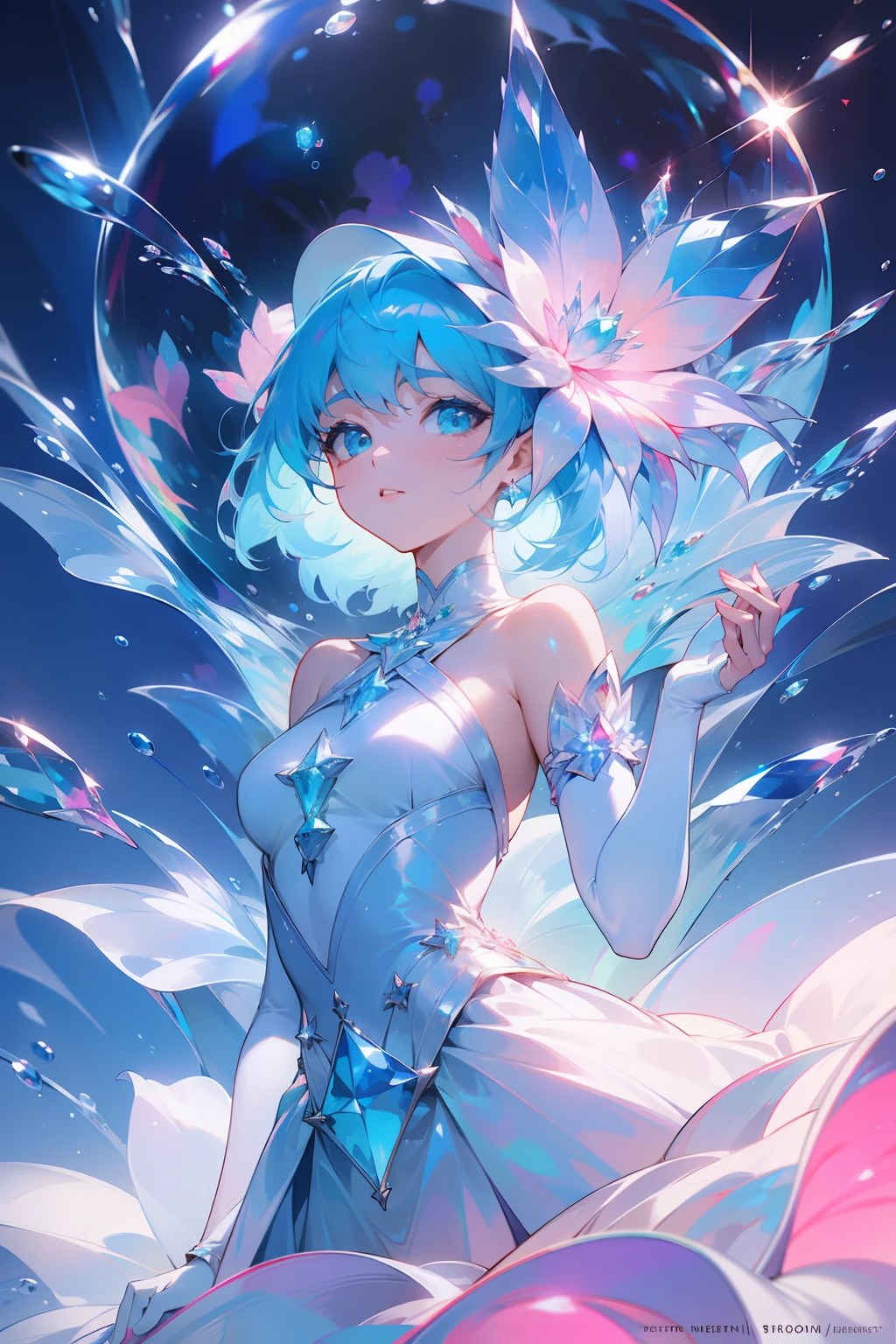(((Water))),crystal,Orbs,A woman of outstanding figure,Wear a beautiful princess dress,Leaking out of both shoulders,jewely,high definition detail,Amazing work,Vitreous luster,((clean backdrop)),High gloss,blue colors,In pink,cyan colors,red colour