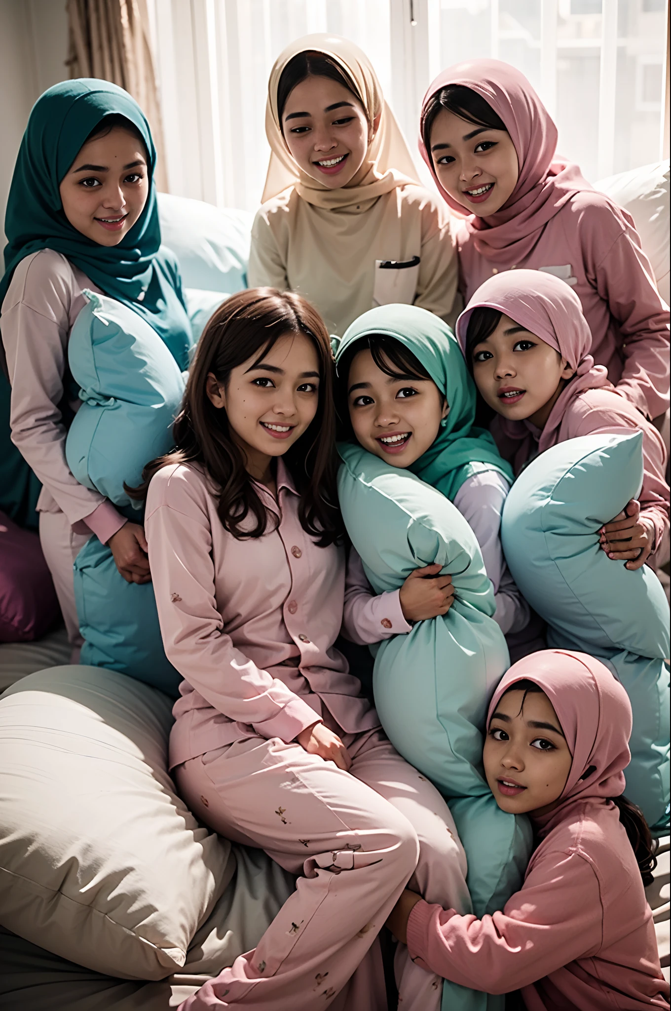 a group of malay girls in pajamas and pastel color hijab having a pillow fight between them in a tatami room with futons, pillows flyin, smile, looking at viewer, best quality, high resolution, extremely detailed, professional, illustration, trending on pixiv, masterpiece, cinematic lighting, anime art style,