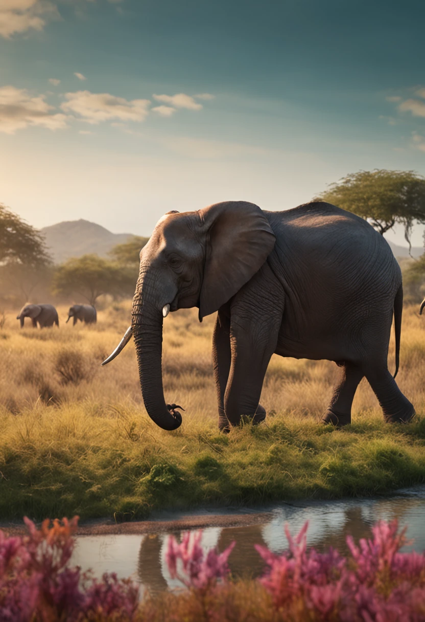 In the daytime, A herd of elephants, grass field, afro, In the daytime, wide wide shot, high qulity, Faraway view, River side, Drink water