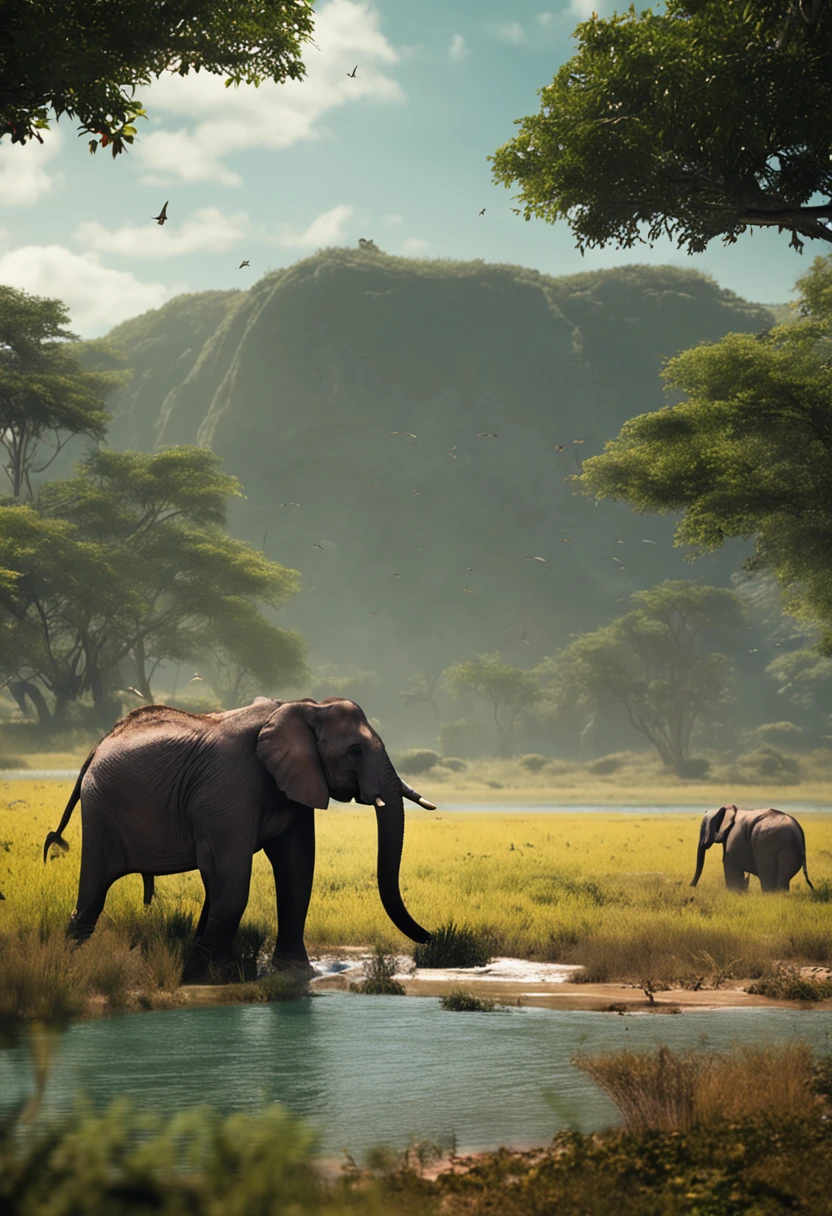 In the daytime, A herd of elephants, grass field, afro, In the daytime, wide wide shot, high qulity, Faraway view, River side, Drink water