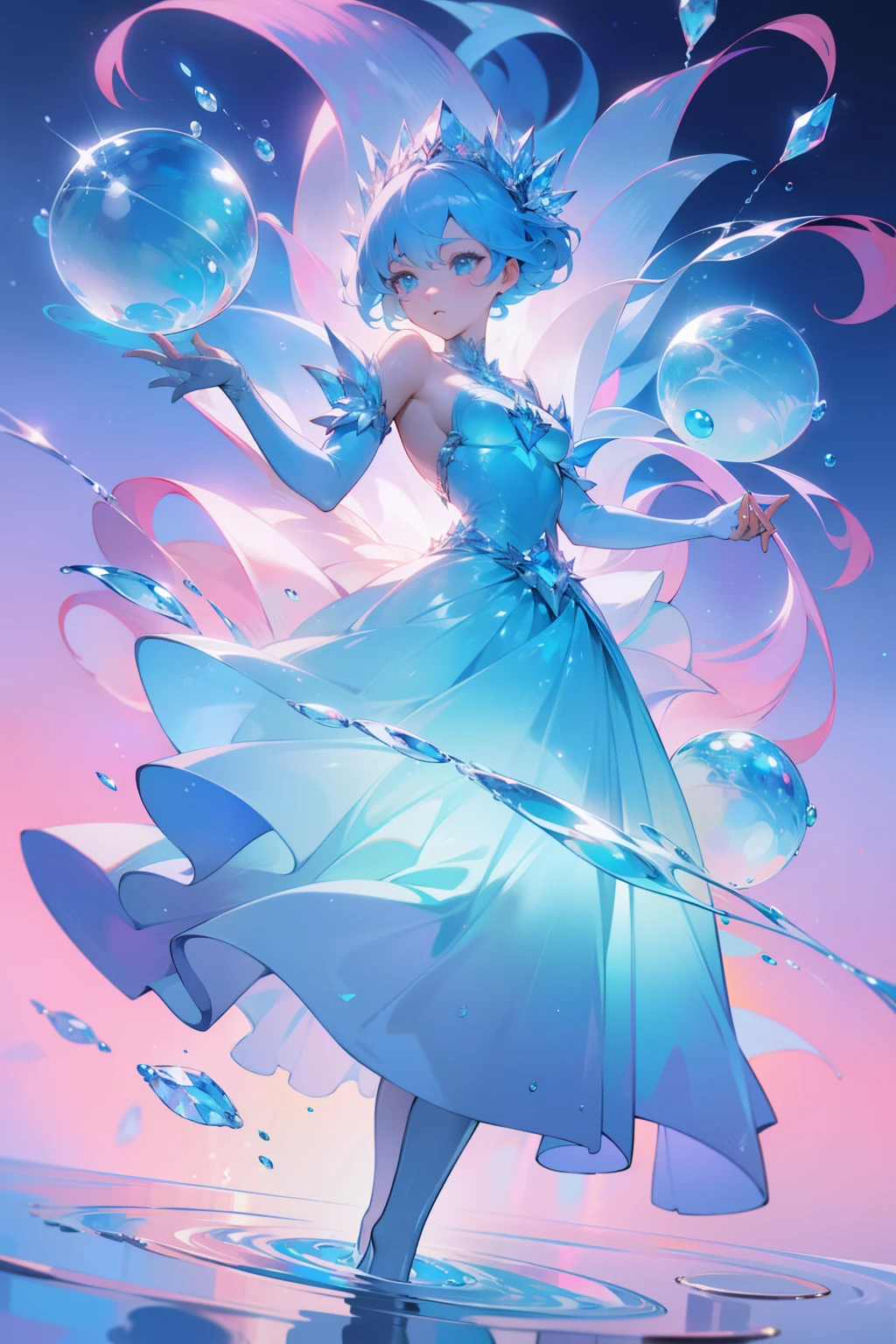 (((Water))),crystal,Orbs,A woman of outstanding figure,Wear a beautiful princess dress,Leaking out of both shoulders,jewely,high definition detail,Amazing work,Vitreous luster,((clean backdrop)),High gloss,blue colors,In pink,cyan colors,red colour