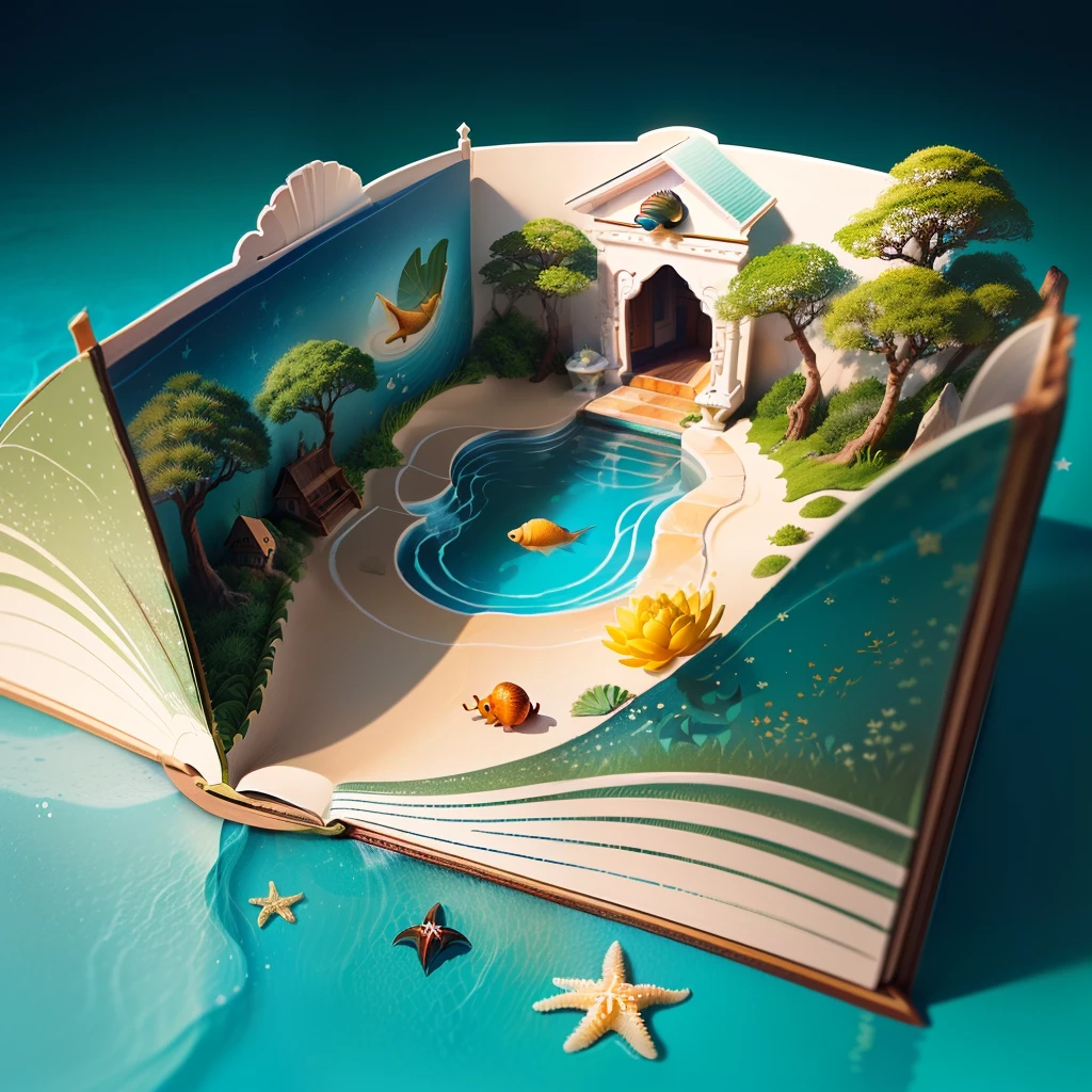 2d game background，Small shallow pool，snail，Lotus leaf , starfish on the beach，depth of fields，hand painted style，planar，popup book