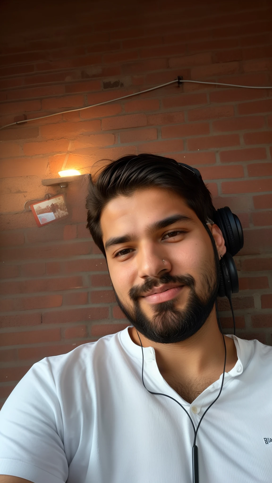 there is a man with a beard and earphones sitting in front of a brick wall, inspired by Kailash Chandra Meher, without beard, without beard and mustache, 8k selfie photograph, around 1 9 , with accurate face, very very low quality picture, with a small beard, selfie photo, selfie of a man, profile pic, selfie!!!!! of a man