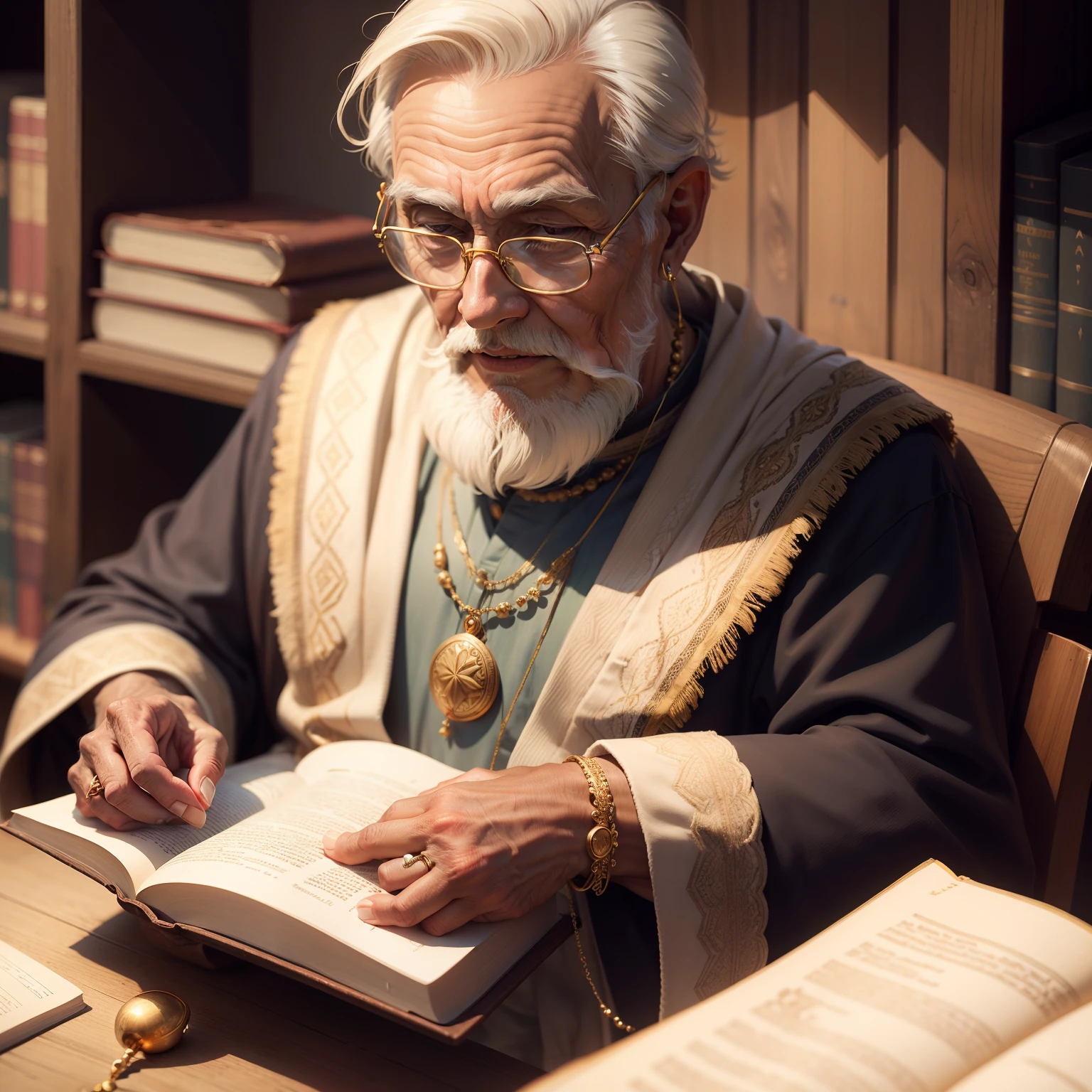 Old wise rich old man, Prosperous,reading the Bible wearing gold jewelry