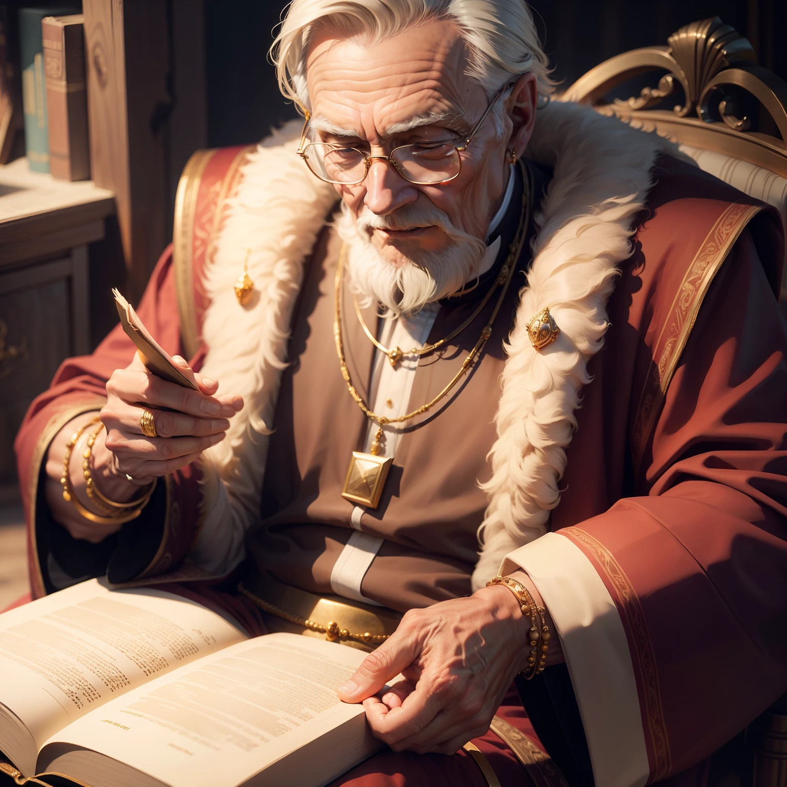 Old wise rich old man, Prosperous,reading the Bible wearing gold jewelry