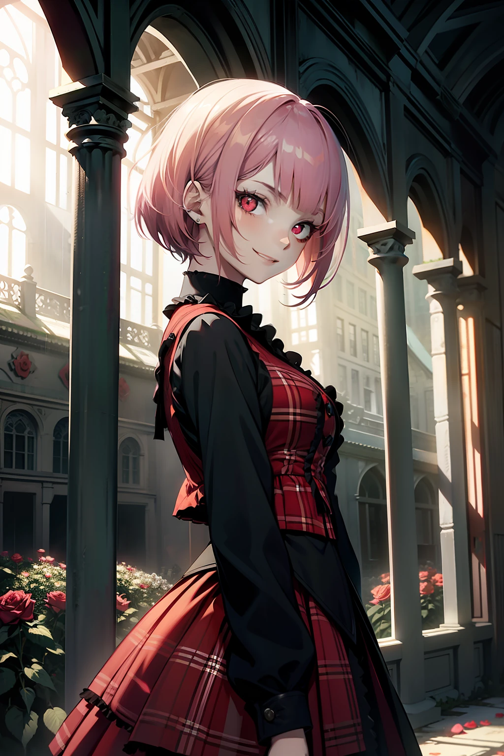 girl, pink hair, bob haircut, Gothic ****ta, Gothic style, red plaid skirt, red eyes, Face of Beauty, pale skin, smiling, in a ruined mansion, red roses in a garden in the background, dark cloudy weather, rain light, dark green filter, intense filter, secret garden tekken 5,