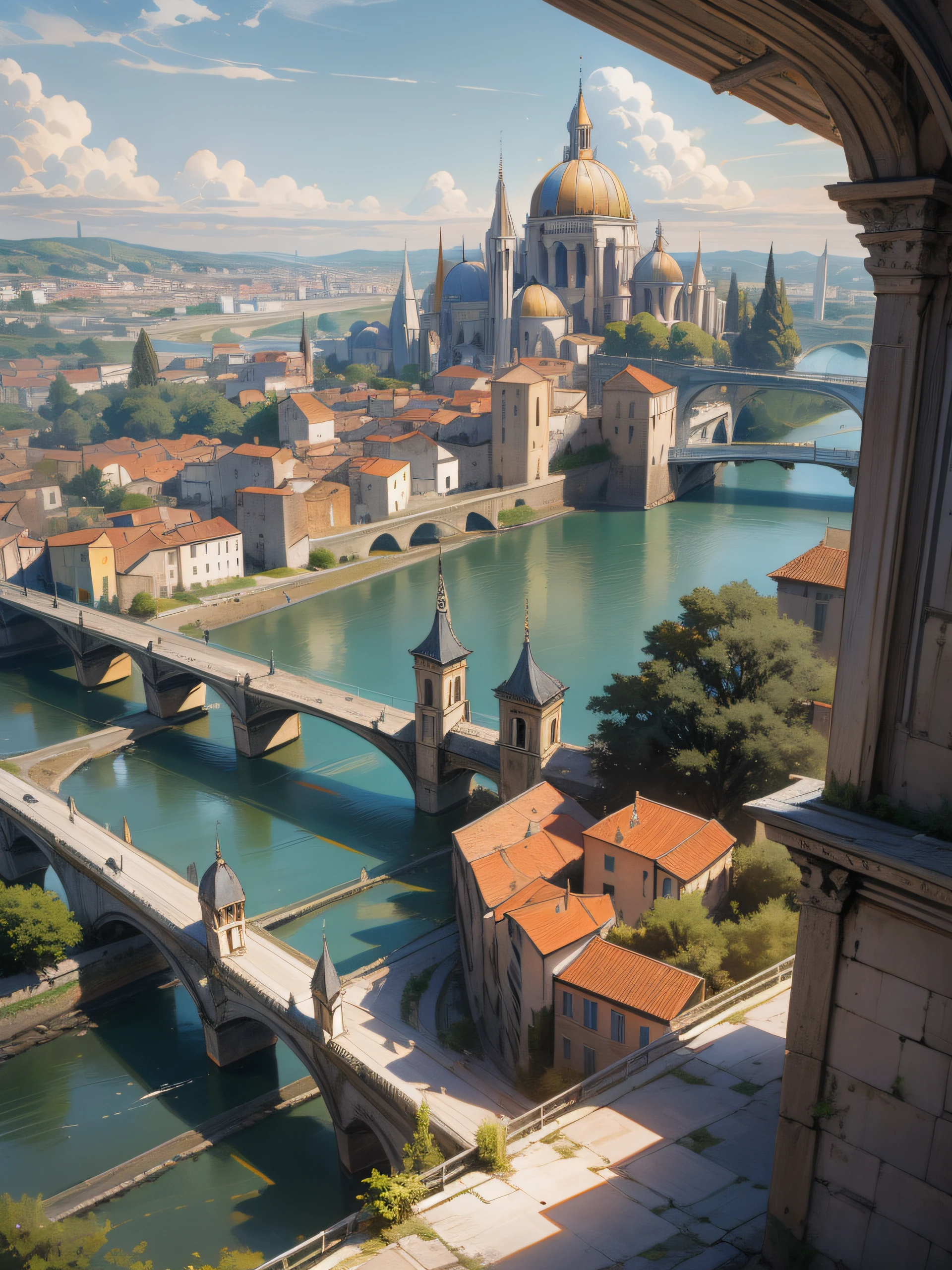 buildings on the other side of the river, overlooking river aufidius italy, southern european scenery, surrounding the city, medieval cities, cloicsonne, medieval french landscape, high quality picture, building along a river, by Bernard D’Andrea, italian mediterranean city, overview, all buildings on bridge, in a city with a rich history, picturesque