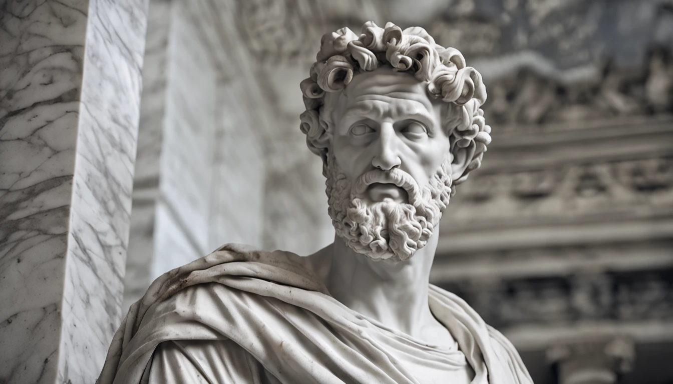 A carefully detailed realistic Greek white marble statue of Marcus Aurelius wearing a ghostly toga, fundo sombrio, Moody, , fotorrealista, Jantar de cinema atencioso, super detalhada, Hiper realista, pouca luz, 8k