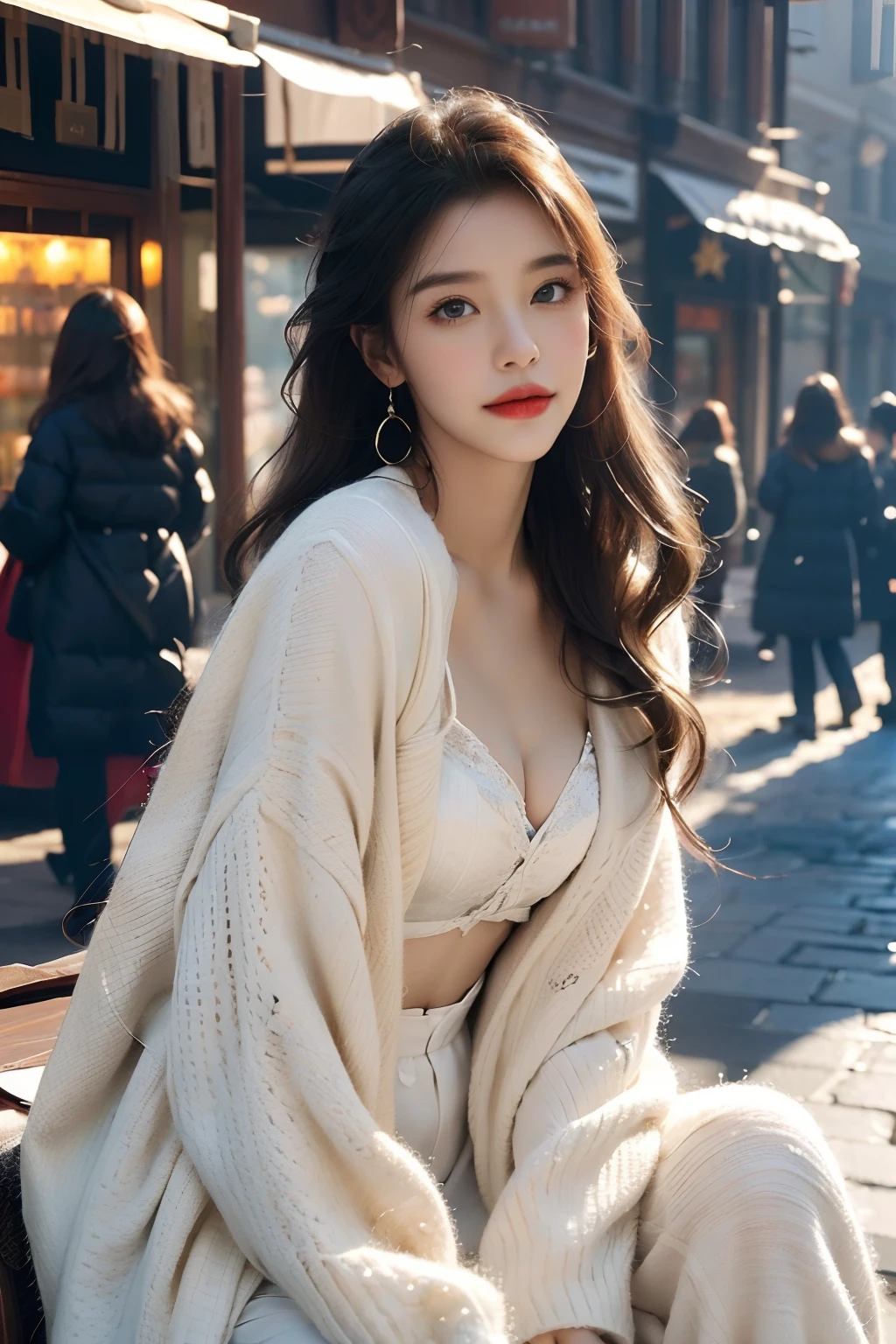 (（best qualtiy，tmasterpiece，超高分辨率）)，（realisticlying：1.4），(Star poster-like)，1girll，From head to knee，Dynamic posture，adult face，Slim，(ssmile)，（shiny skins），（contours，frontage，eventide），whaite hair，long whitr hair，黑The eye，（big cleavage breasts），Top fashion，（（White plush coat）），（nevando：1.5，pedestrian street，The city in winter），(Clear eyes)，(Clear nose)，(Clear lips)，(Fair skin)，(Ultra-realistic textile textures)