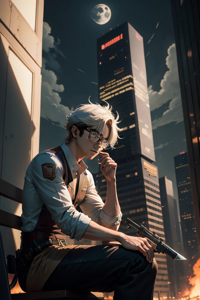 draw anime man take glasses, sitting under the moon shine. He play the knife and gun. Surrounded by broken tall buildings. If you look far away, you will see a mecha and the flames of war