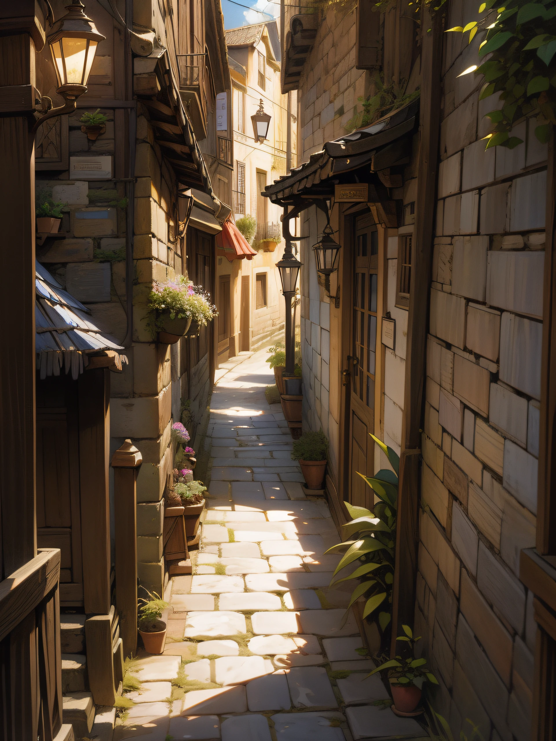 there is a narrow street with a lamp post and a building, by Maurice Esteve, quaint village, quaint, by Bernard Meninsky, narrow street, narrow and winding cozy streets, medieval architecture, narrow streets, by André Bauchant, alleys, lourmarin, by Bernard D’Andrea, in a medieval city, ancient city streets behind her, french village exterior