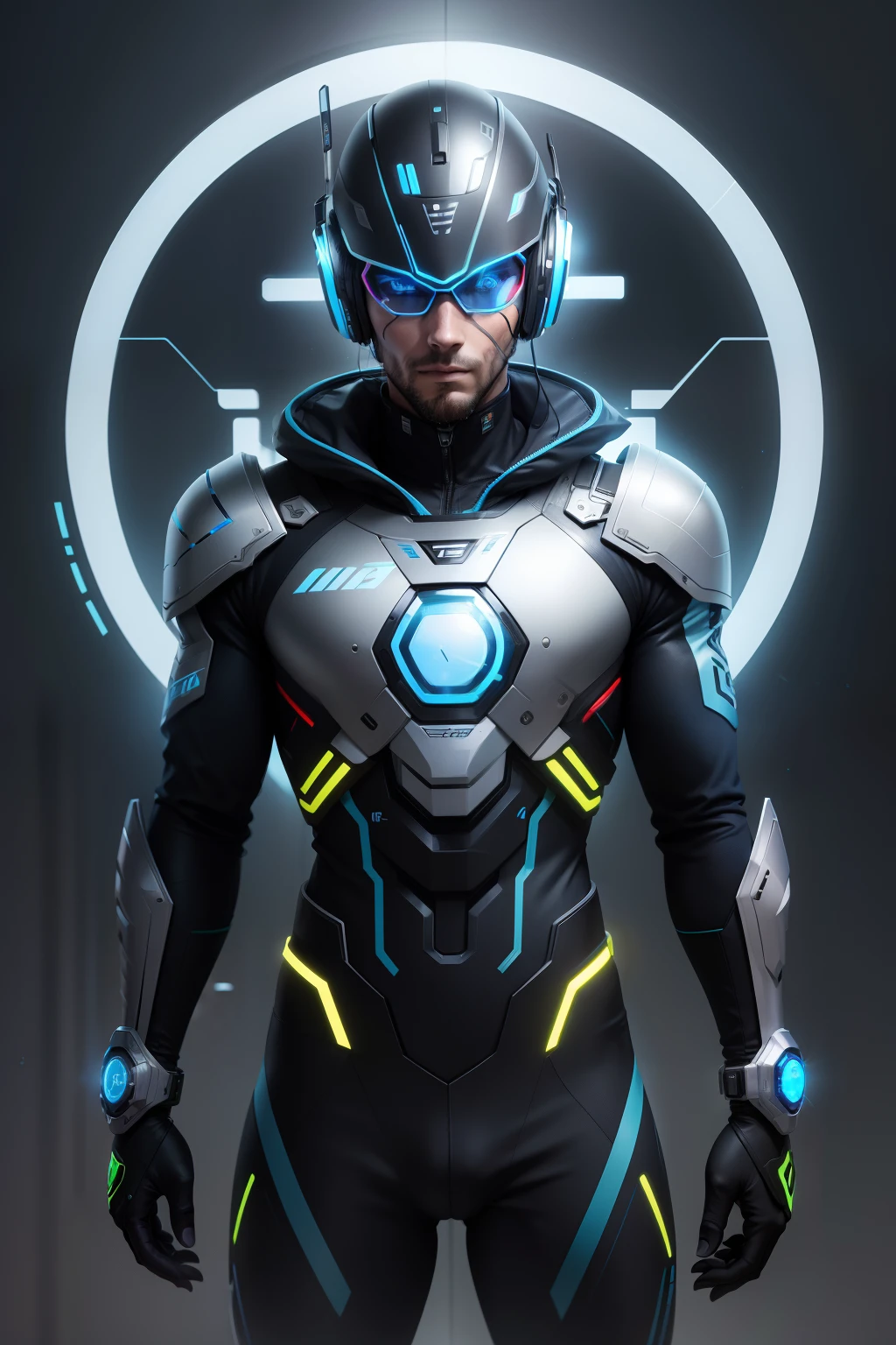 homem robotico, olhos azuis de neon, altura um metro e oitenta, armadura de platina com fibra de vidro azul, titanio, headphone comunicador neon azul,  bladrunner, exterminador do futuro, logotipo expo ISA VALE, logotipo LORENA,