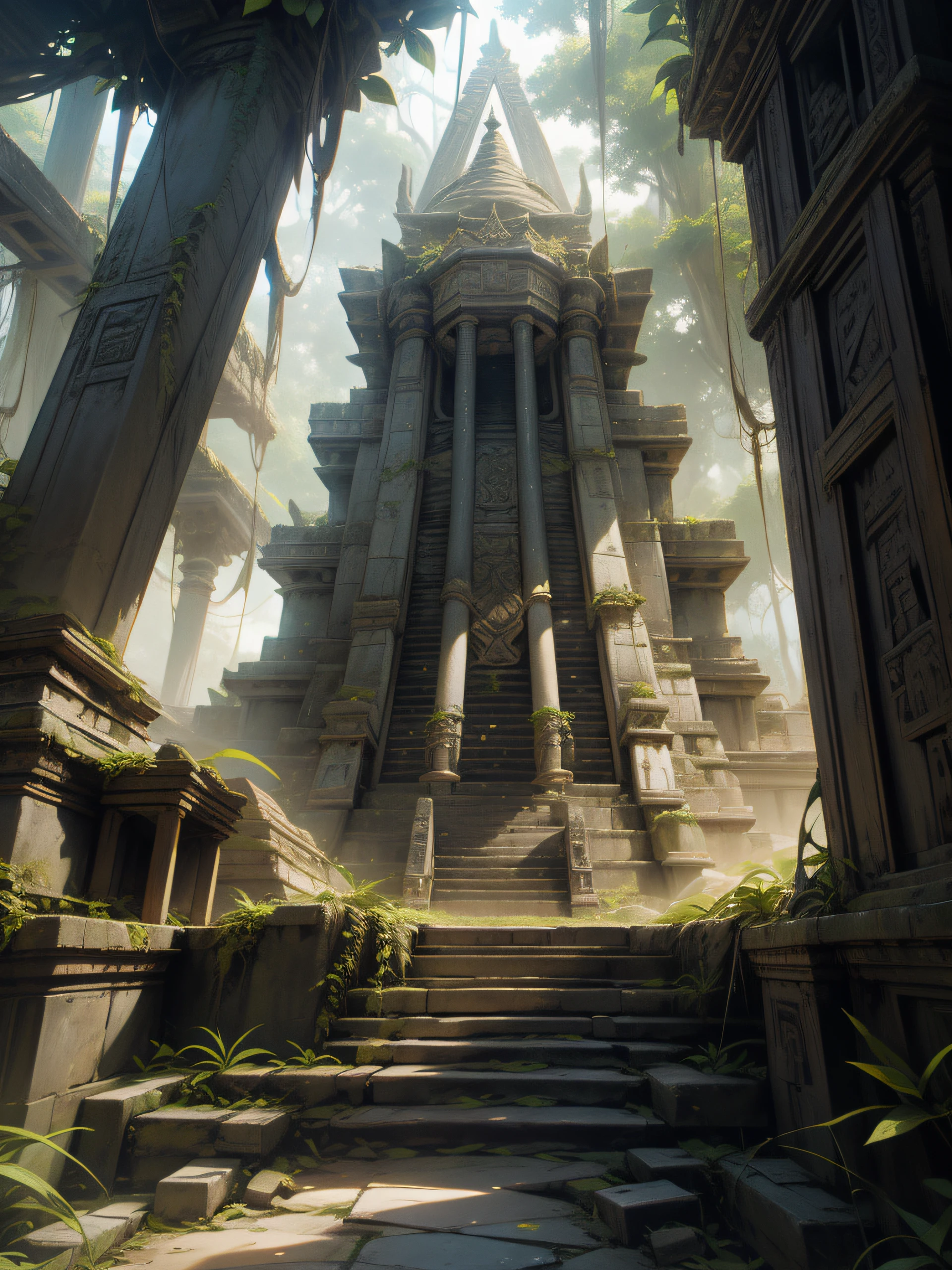 a close up of a stone staircase leading up to a building, pyramid surrounded with greenery, a mystical temple, mysterious temple setting, lost temple, ancient temple, with a creepy secret temple, mayan temple in the jungle, secret overgrown temple, arsitektur nusantara, mythical shrine, sacred ancient architecture, mystical setting, historical setting