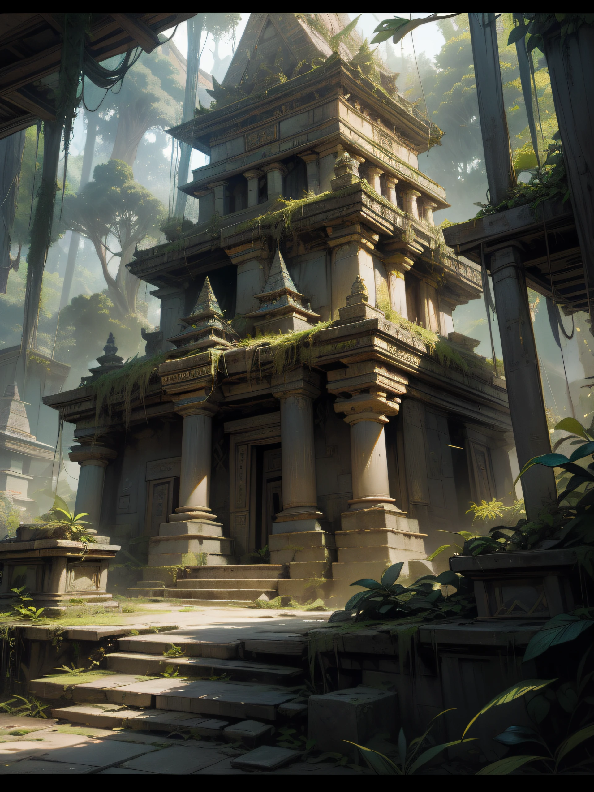 a close up of a stone staircase leading up to a building, pyramid surrounded with greenery, a mystical temple, mysterious temple setting, lost temple, ancient temple, with a creepy secret temple, mayan temple in the jungle, secret overgrown temple, arsitektur nusantara, mythical shrine, sacred ancient architecture, mystical setting, historical setting