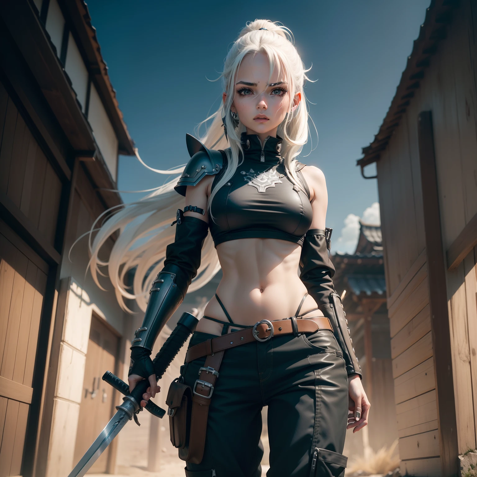 Captura de tela, anime, garota, cabelo longo, cabelo preto, roupa preta, roupa colada, glued pants, Robotic right arm, botas pretas, Espadas Samurai, sword in right hand, garota magra, olhos azuis, peitos pequenos