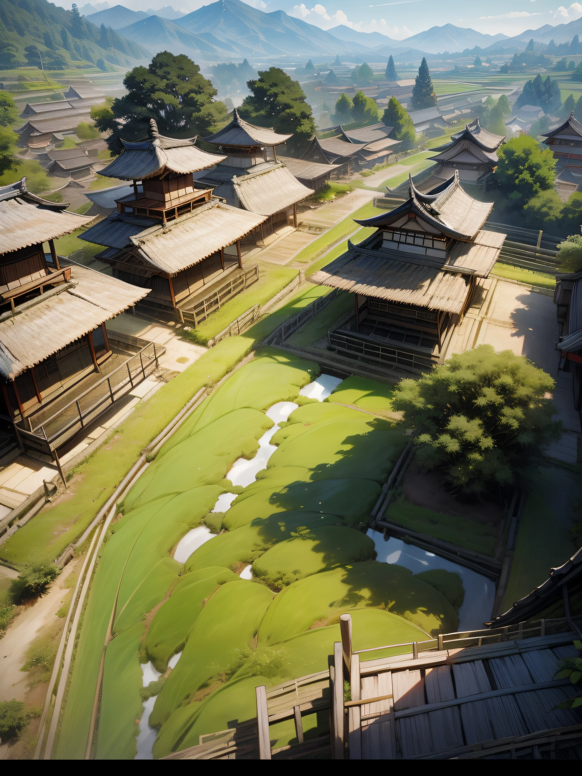 there is a small village with a lot of rice growing in the field, chinese village, rice paddies, old asian village, rural japan, by Shi Rui, behind a tiny village, japanese village, village, staggered terraces, terraced, thatched roofs, quaint village, japanese rural town, thatched houses, old village, by Yasushi Sugiyama