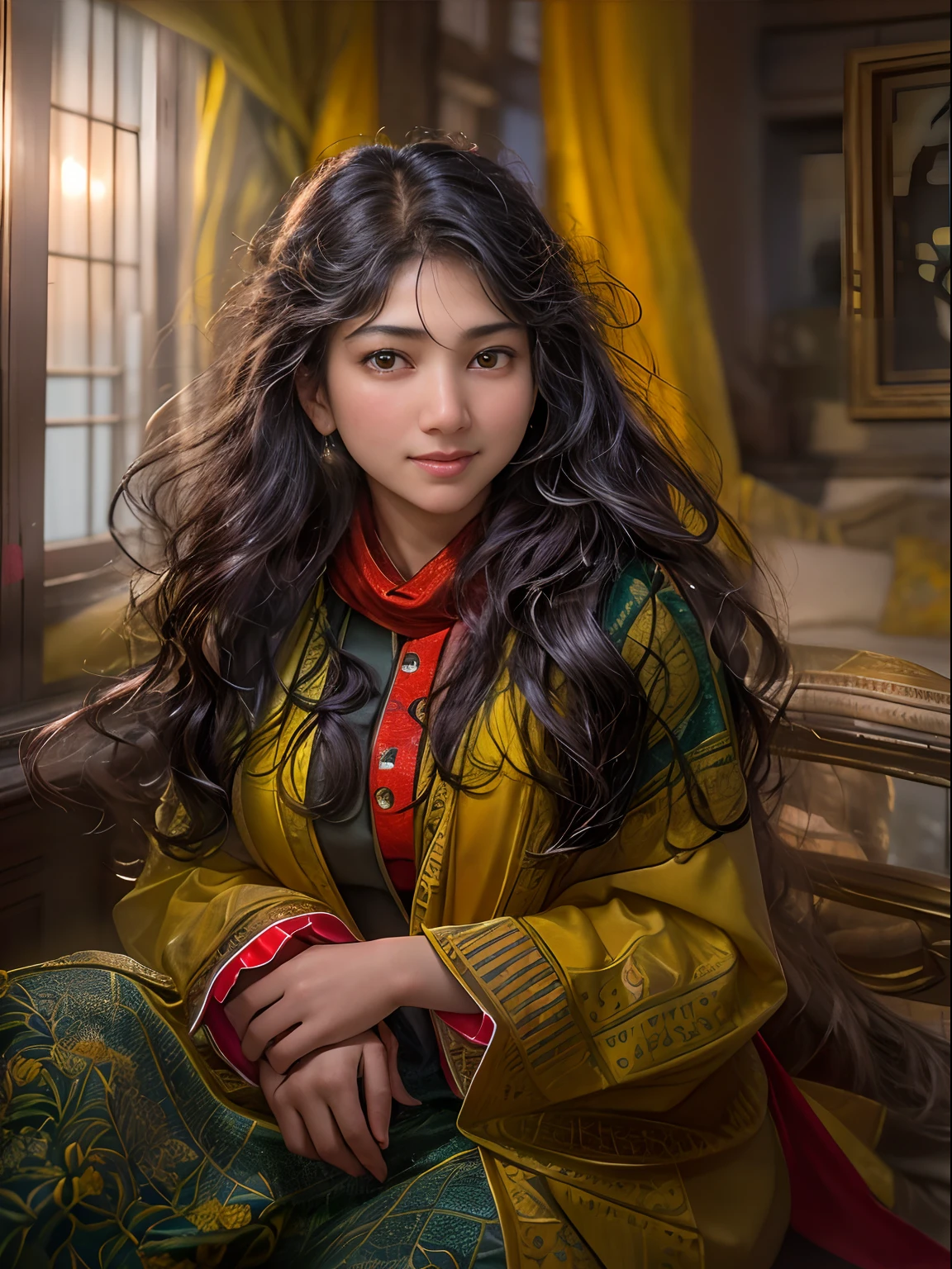 (Sai Pallavi), .(best quality, photo-realistic, masterpiece:1.3), a close-up shot of a (25 yo matured woman:1.2) with (long disheveled black hair:1.2), her (yellow eyes:1.3) radiating a captivating glow, (perfectly symmetrical face:1.3) with subtle and flawless makeup, wearing a loose-fitting red coat, (emphasis on her enchanting eyes:1.3), as she leans against the window in her room, gazing outward, her expression a gentle and cheerful one, a glimpse into the warmth and joy she holds within, Cinematic, Hyper-detailed, insane details, beautifully color graded, Super-Resolution, Megapixel, Cinematic Lightning,  Post Processing, Post Production, Tone Mapping Insanely detailed and intricate, Hyper maximalist, Volumetric, Photorealistic, ultra photoreal, ultra-detailed, intricate details, 8K, Super detailed, Full color, Volumetric lightning, HDR, Sharp focus,

Camera Model: Canon EOS R6,

Lens: Canon RF 50mm f/1.2L USM