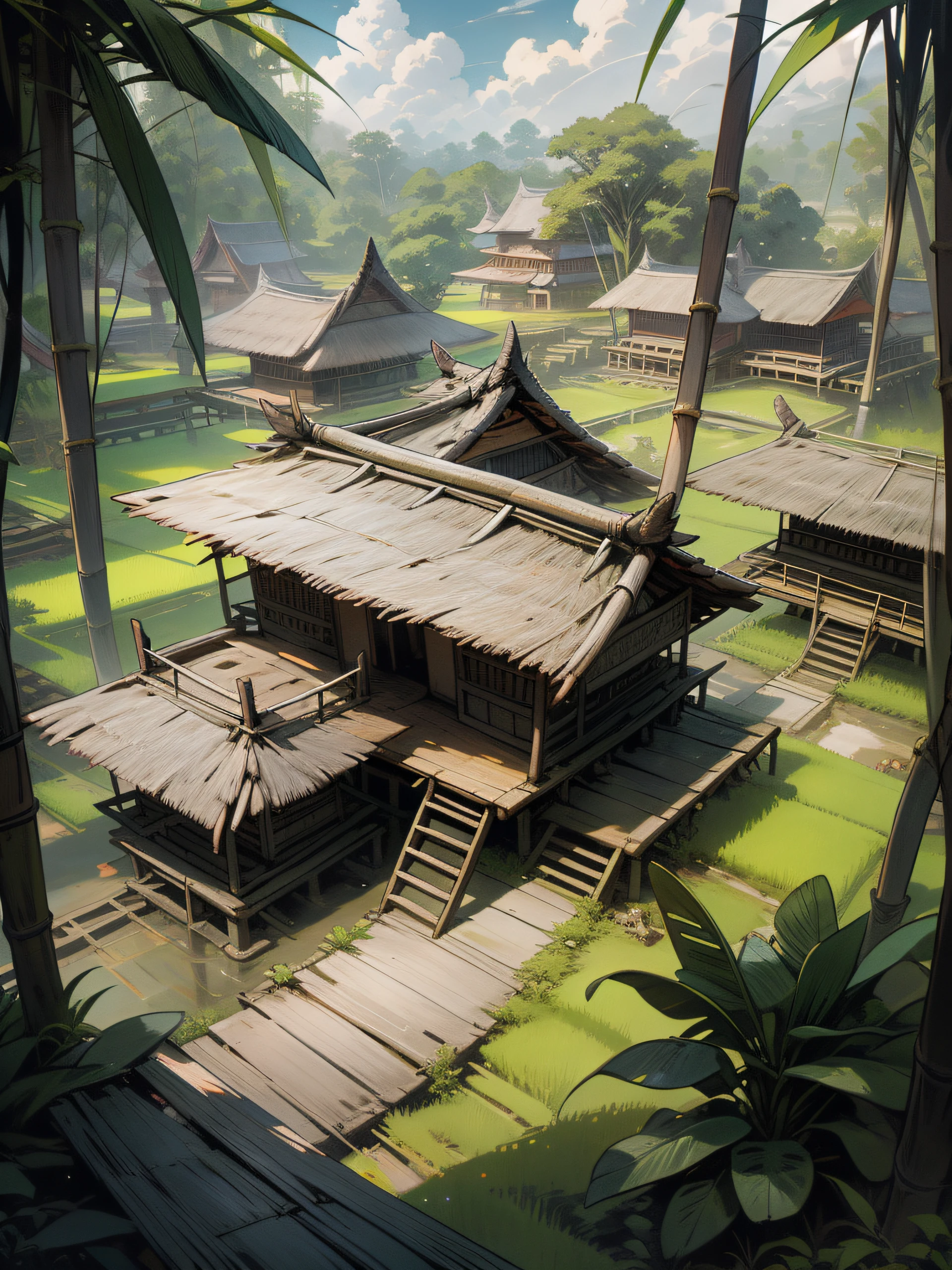there are many huts in the middle of a rice field, thatched roofs, tribe huts in the jungle, hideen village in the forest, thatched houses, arsitektur nusantara, kerala village, village in the woods, bali, huts, old asian village, bamboo huts, old village, houses on stilts, small village