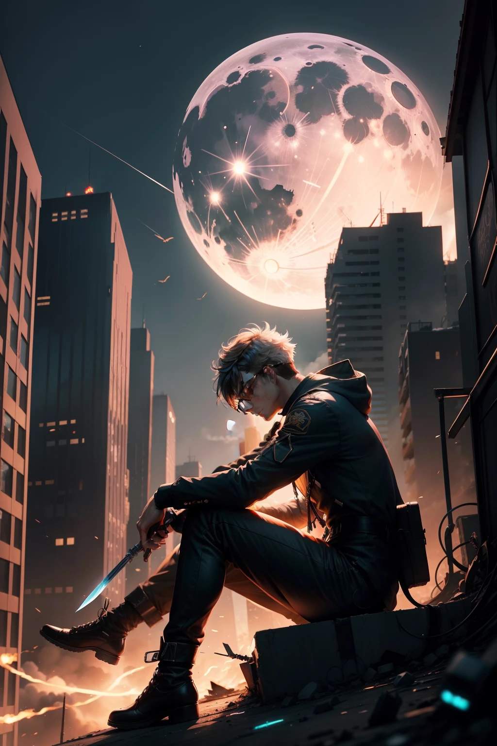 draw anime man take glasses, sitting under the moon shine. He play the knife. Surrounded by broken tall buildings. If you look far away, you will see a robot and the flames of war