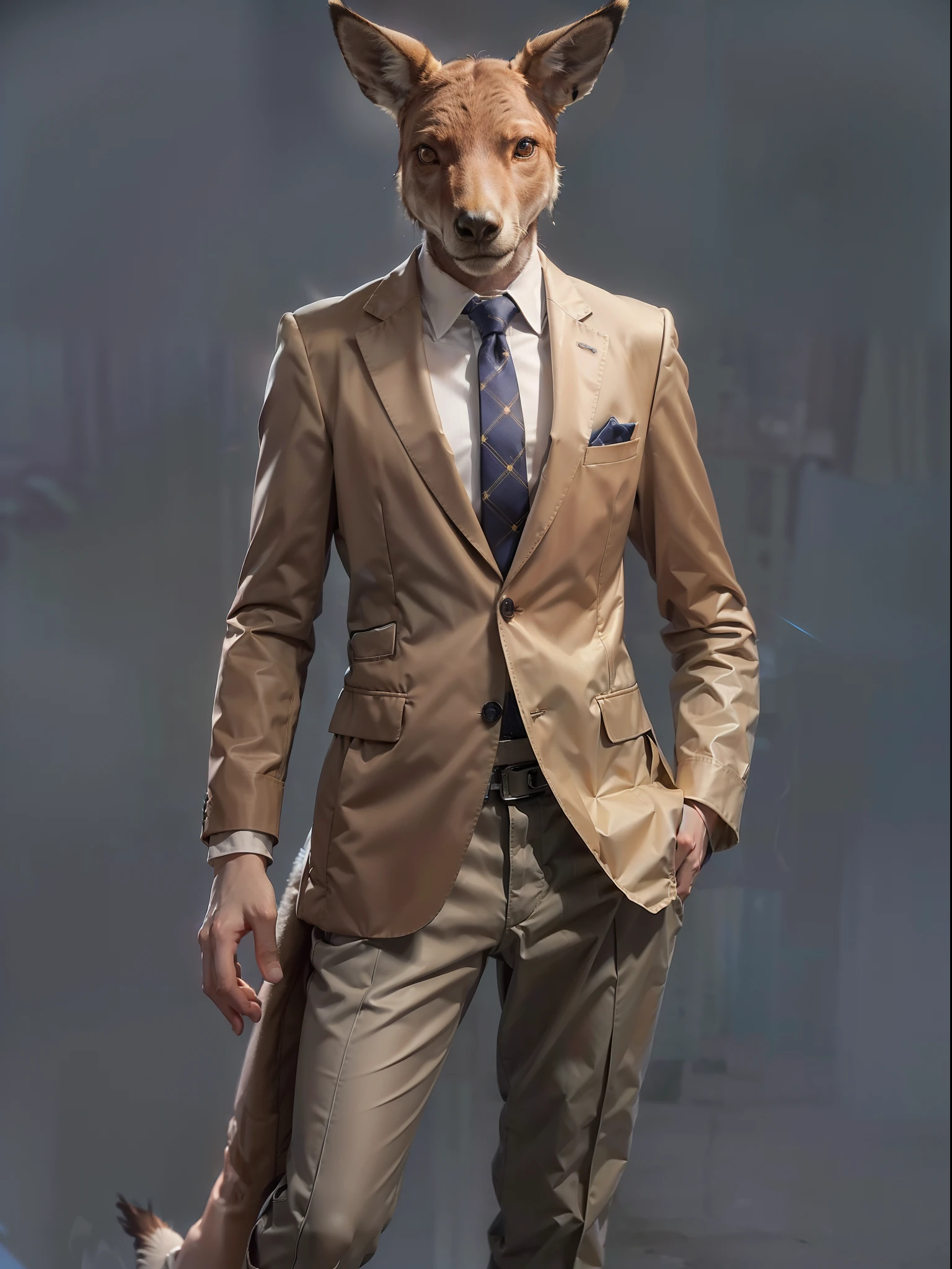 (((fullbody image、Standing posture)))、(Full body kangaroo standing upright in luxury business suit、Humanoid kangaroo、Cool anthropomorphic kangaroo with long legs)、​masterpiece, top-quality, in 8K , intricate detailes, ultra-detailliert , light Particle、32K Digital Paint, Hyper-Realism, No background