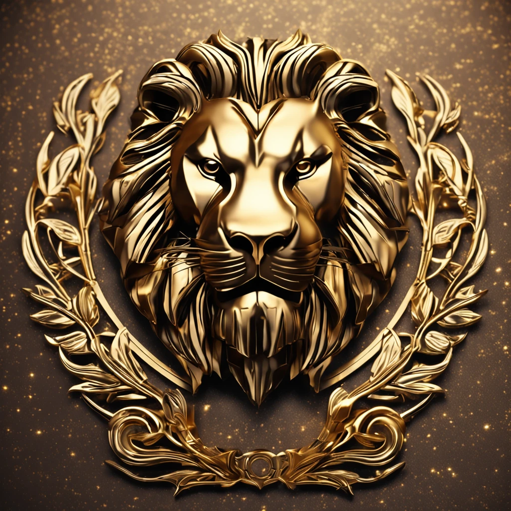 Make a logo with the head of a lion stylized in metal in gold color