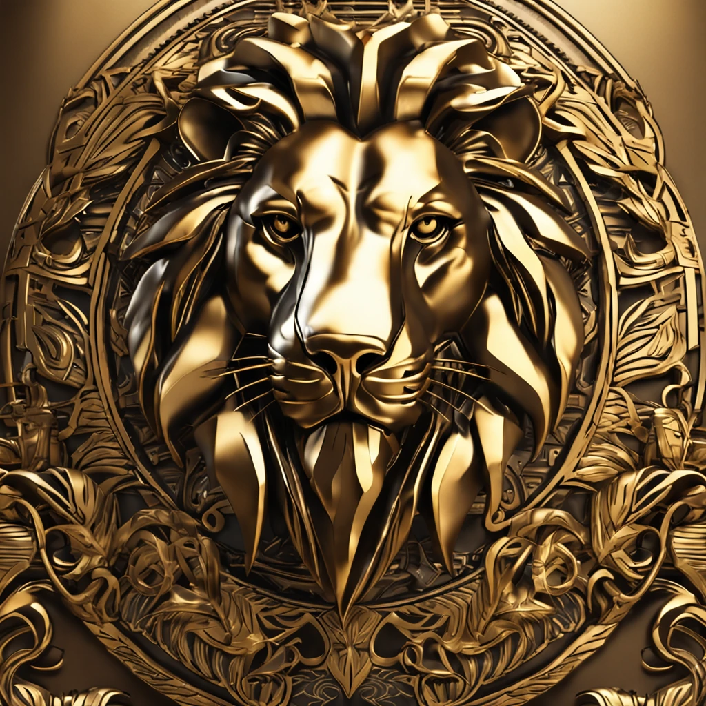Make a logo with the head of a lion stylized in metal in gold color