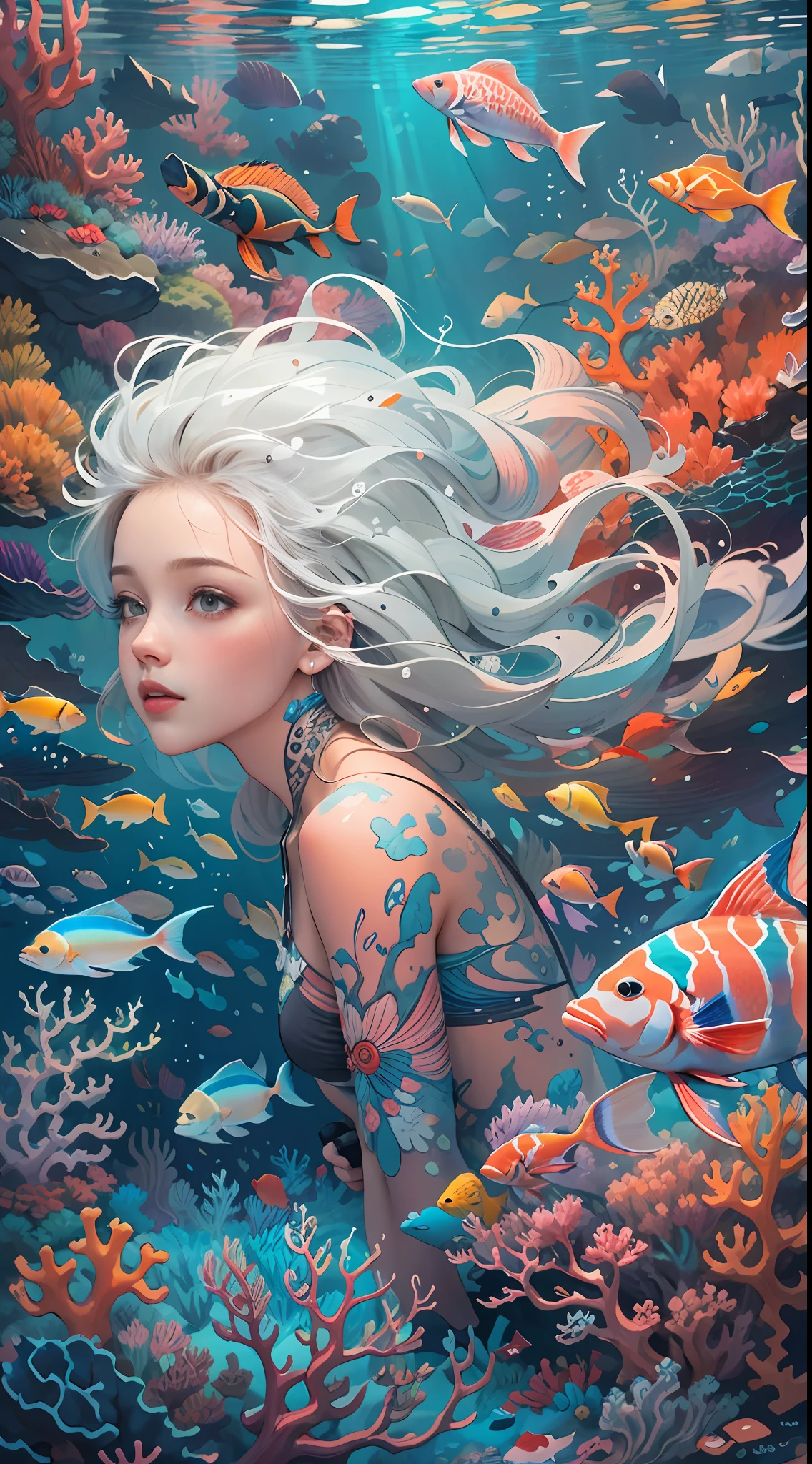 Conceptual art of marine life, Undersea landscape, Marine life，Beautiful coral reefs come in different shapes, ，3D，Fish, Female animated fantasy illustration. Long white hair scattered in the sea, Drift, Very harmonious. The whole painting adopts a messy and imaginative painting style. The colors are bright and saturated, line sleek. The mystery and beauty of the ocean, The painting depicts an underwater world full of life and vitality, Animated art wallpapers，8K