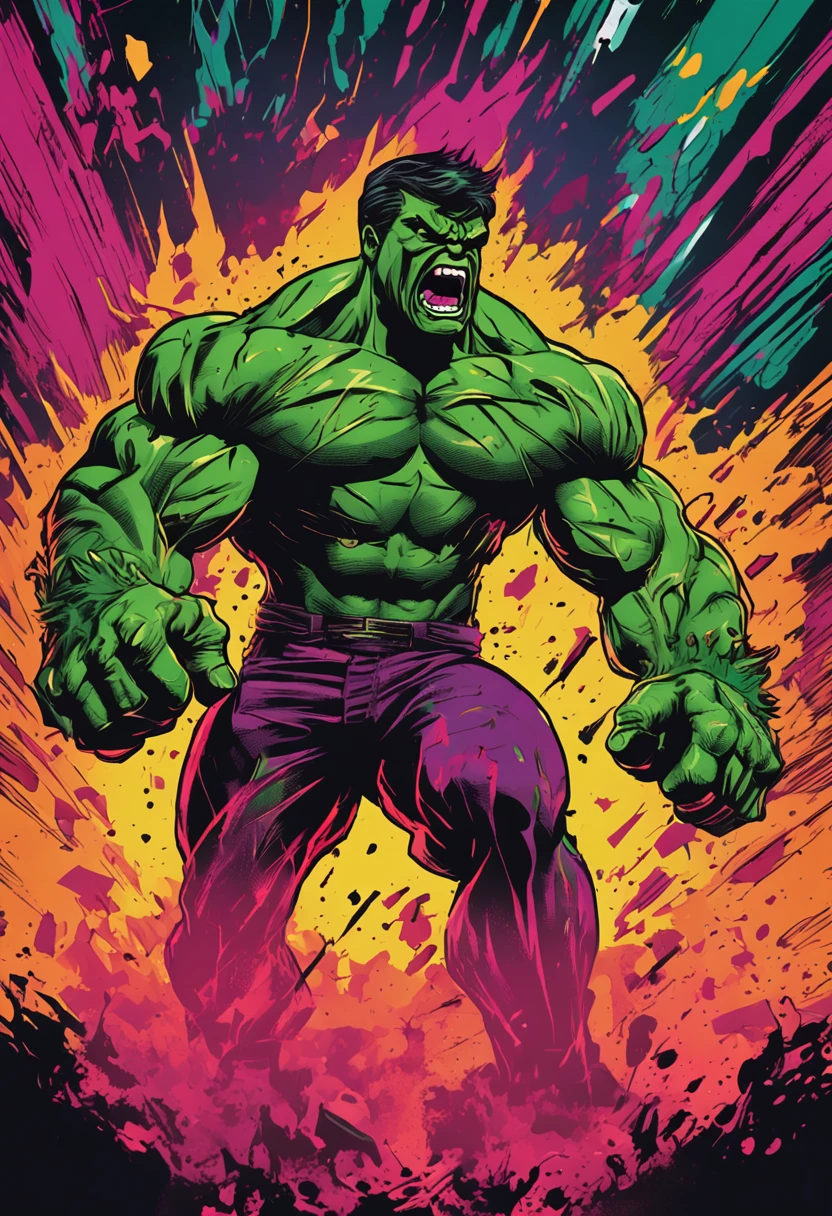 The Amazing Hulk showcasing intense rage, bold and vibrant colors, innovative vector-style t-shirt design with a distinct circular printing format.